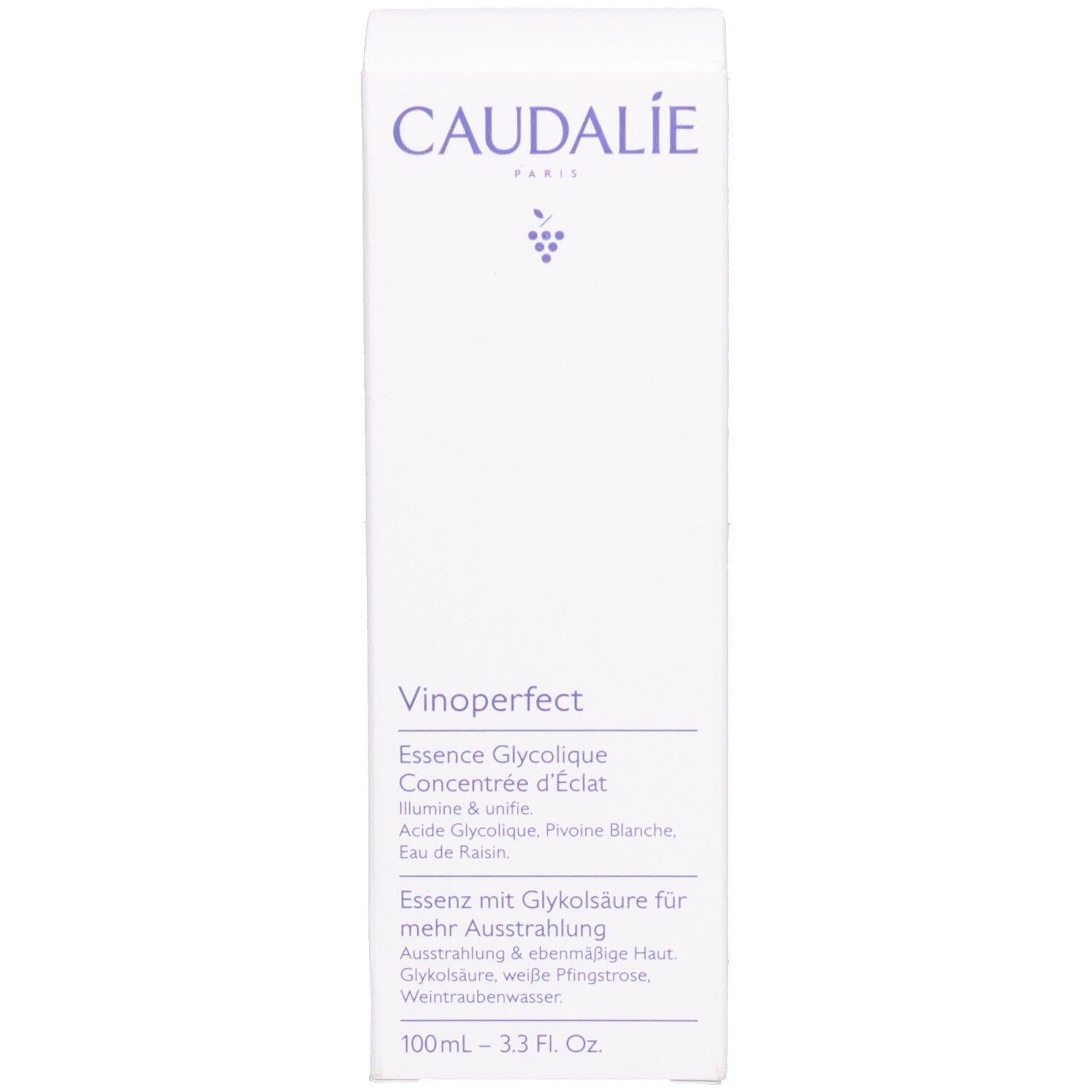 Verpackung. Aufschrift: CAUDALIE, Vinoperfect, Essence Glycolique, Concentrée d'Éclat, Concentrated Brightening Glycolic Essence. 100 ml.