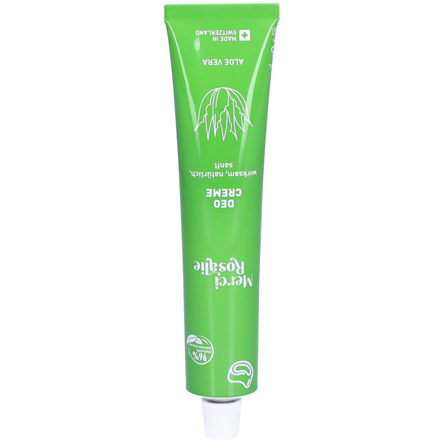 Grüne Tube mit Aufschrift "Merci Rosalie Deo Creme Aloe Vera". Enthält Aloe Vera. Hergestellt in der Schweiz.