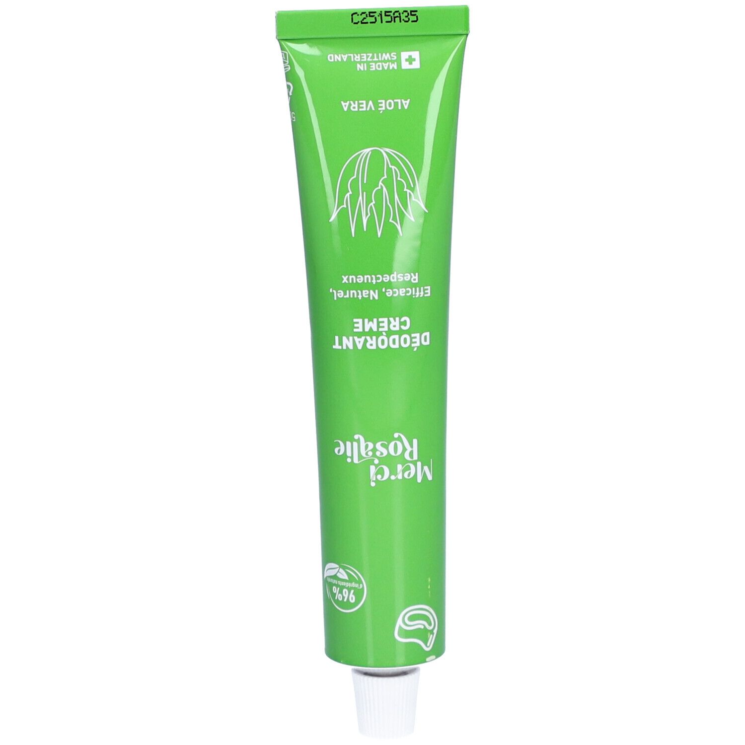 Grüne Tube mit Aufschrift "Merci Rosalie Deodorant Creme Aloe Vera". Hergestellt in der Schweiz.