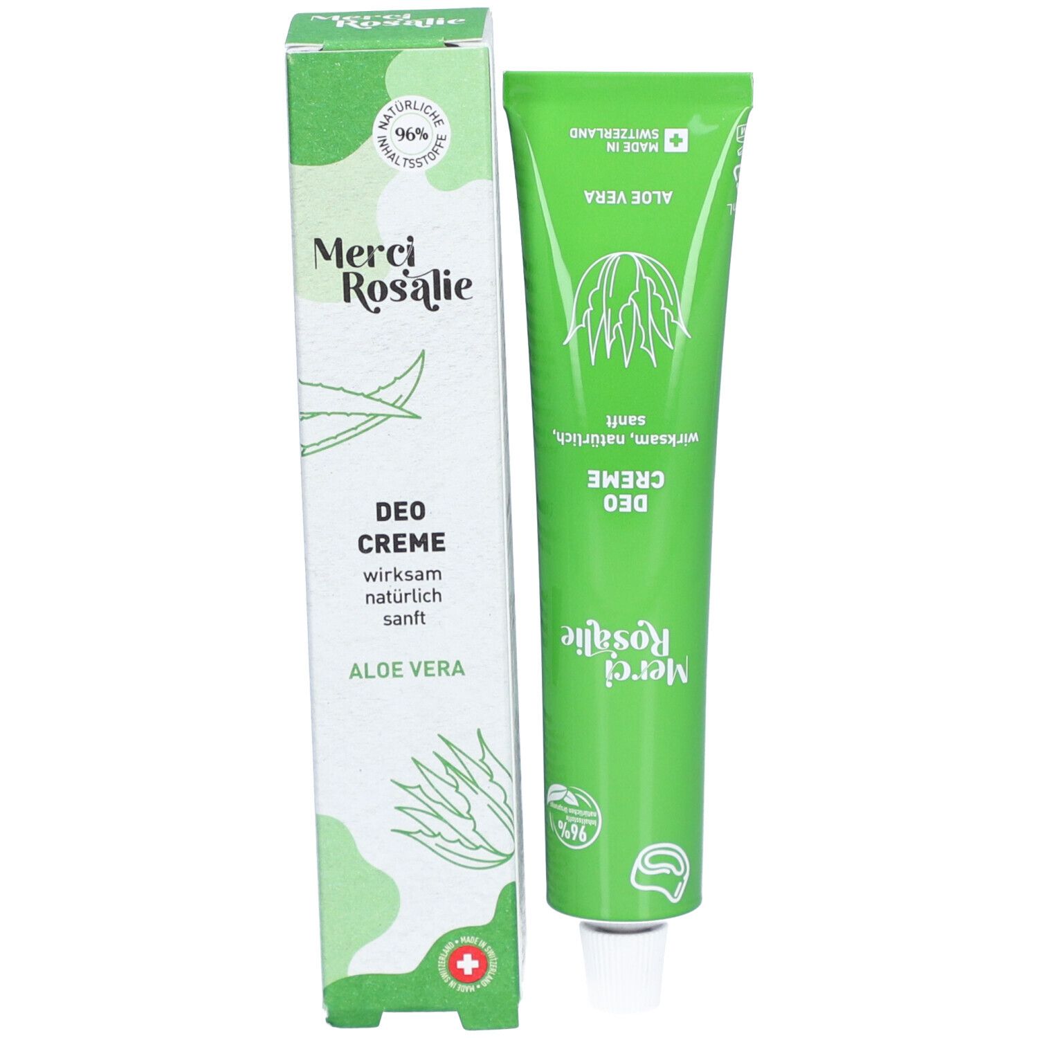 Grüne Tube und Schachtel. Aufschrift "Merci Rosalie Deo Creme Aloe Vera". Mit Aloe Vera-Illustration.