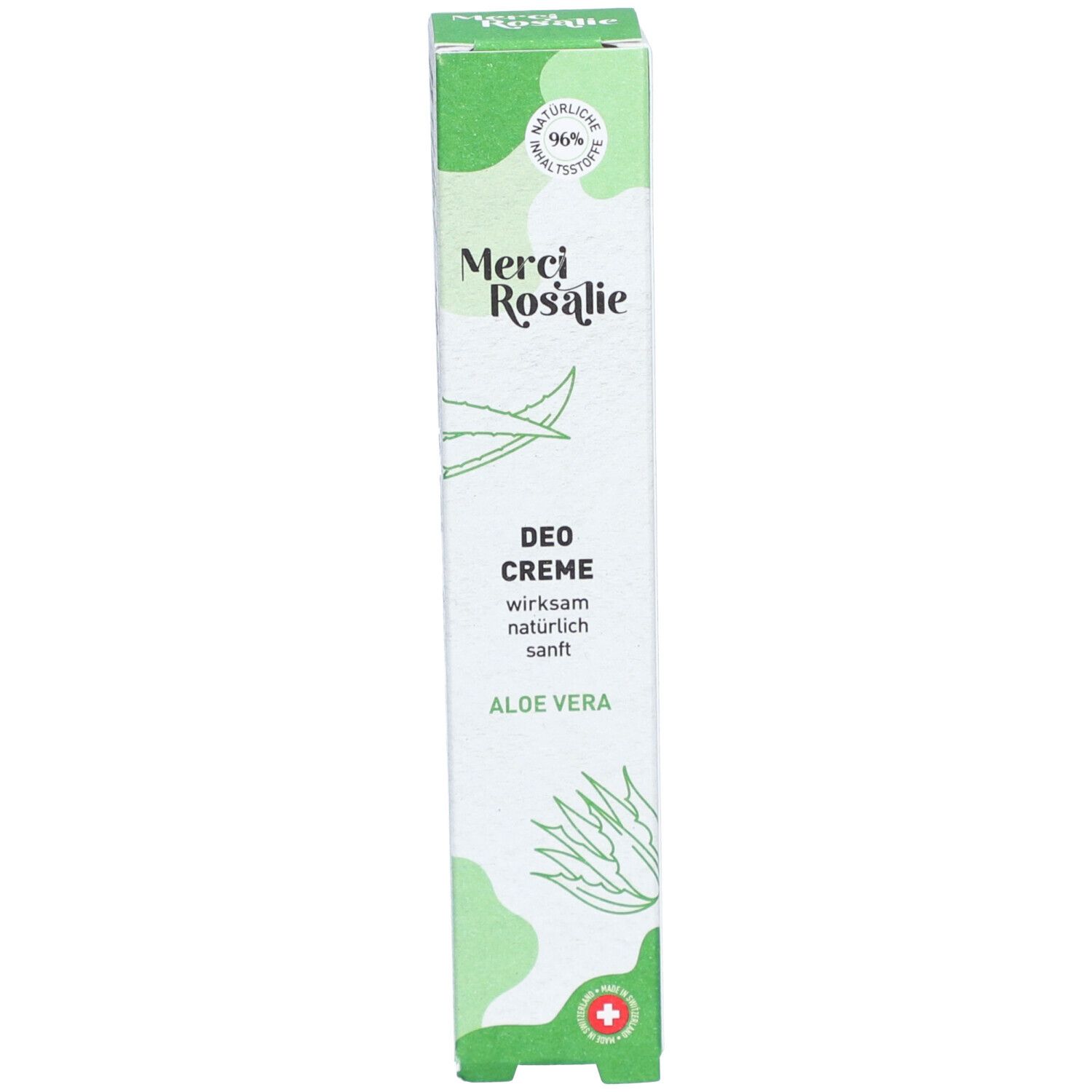 Grüne Schachtel mit Aufschrift "Merci Rosalie Deo Creme Aloe Vera". Mit Aloe Vera-Illustration.