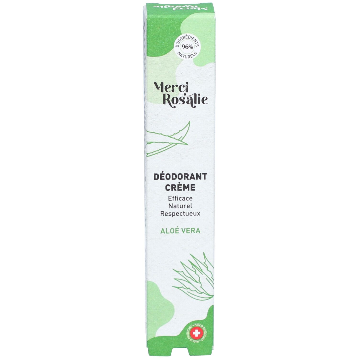 Grüne Schachtel mit Aufschrift "Merci Rosalie Déodorant Crème Aloe Vera". Mit Aloe Vera-Illustration.