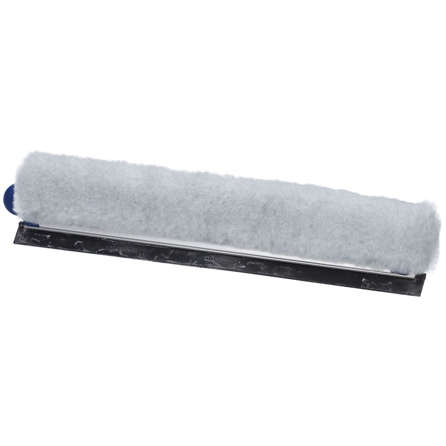 Fensterwischer mit blauem Griff und grauem Wischerbezug. Schwarze Gummilippe.