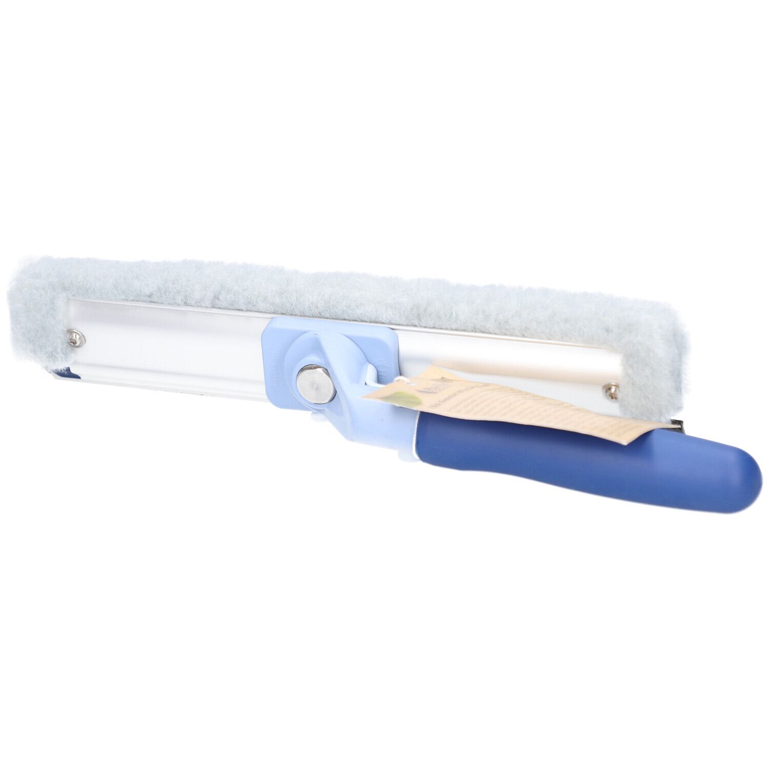 Fensterwischer mit blauem Griff und grauem Wischerbezug. Gelenk und Produktetikett.