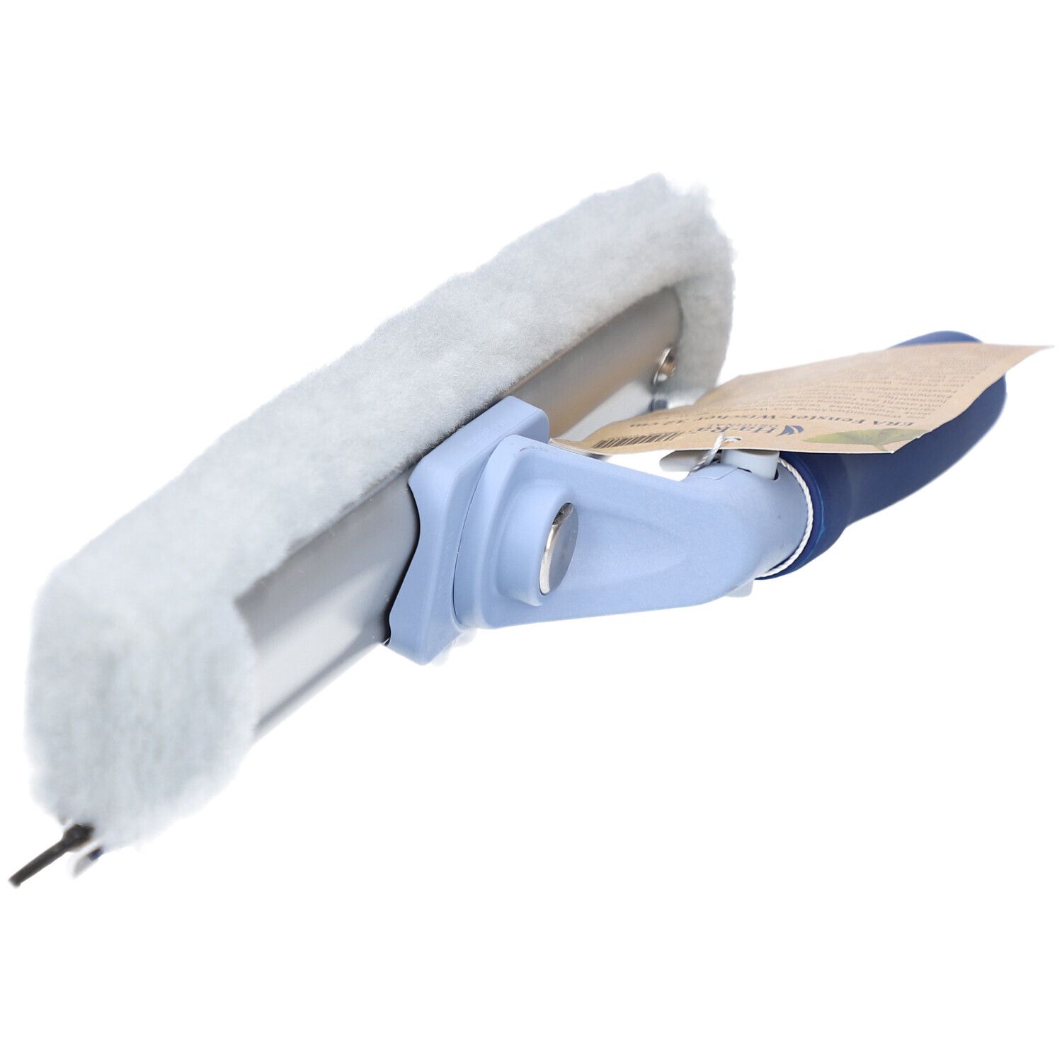 Fensterwischer mit blauem Griff und grauem Wischerbezug. Gelenk und Produktetikett.