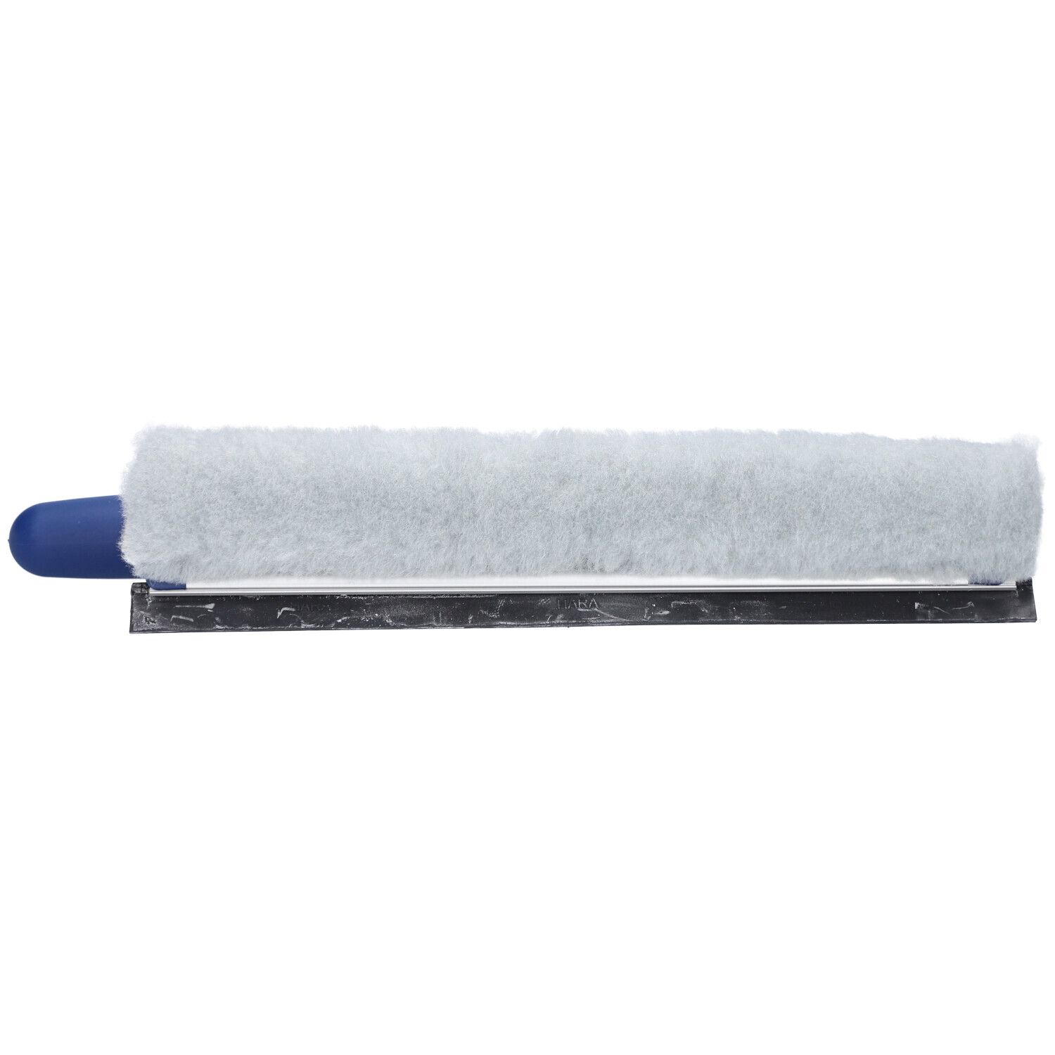 Fensterwischer mit blauem Griff und grauem Wischerbezug. Schwarze Gummilippe.