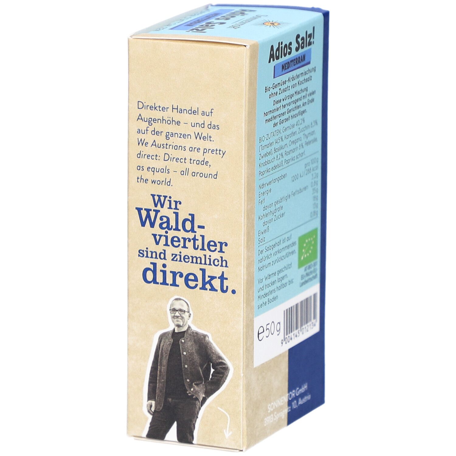Karton SONNENTOR Adios Salz! Mediterran. Seite mit Text und Logo. Bio-Siegel und Gewichtsangabe 50g.