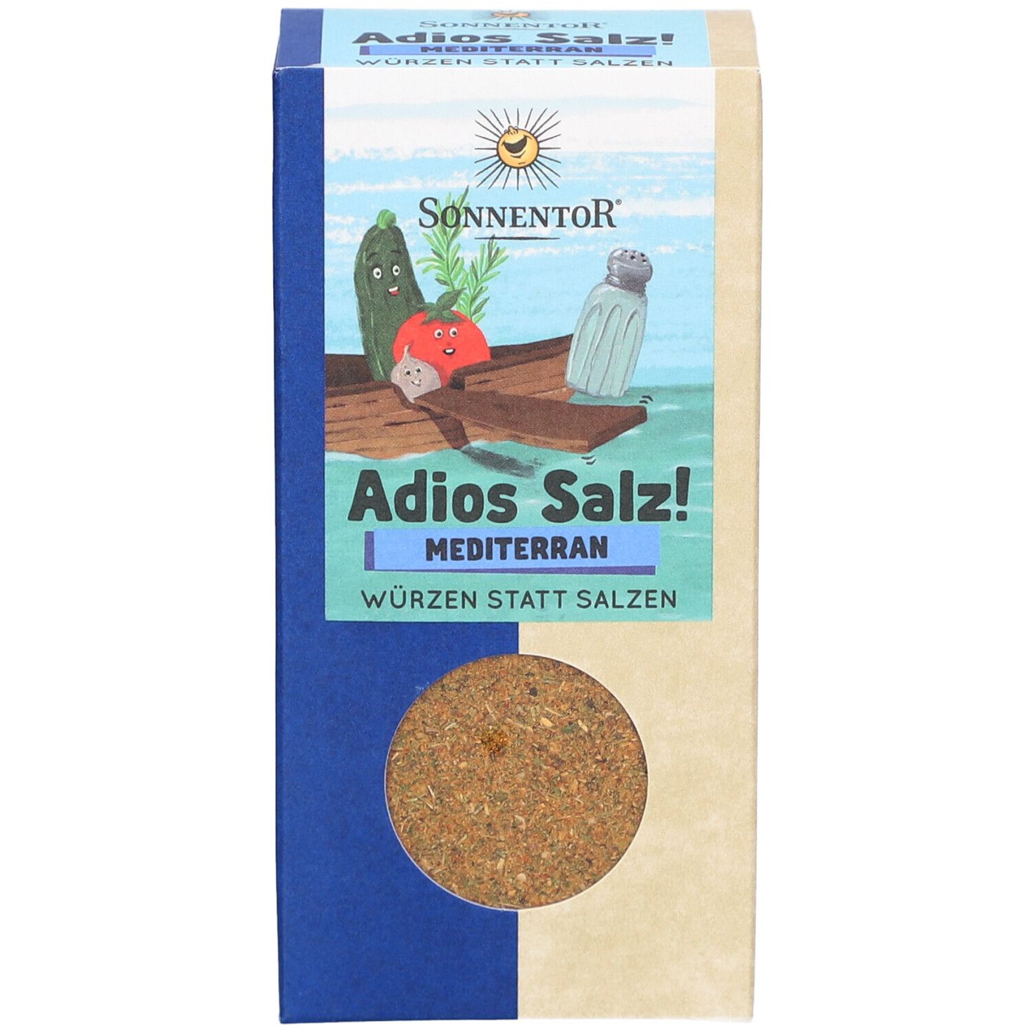 Karton SONNENTOR Adios Salz! Mediterran. Vorderseite mit Produktname und Illustration. Sichtfenster mit Gewürzmischung.