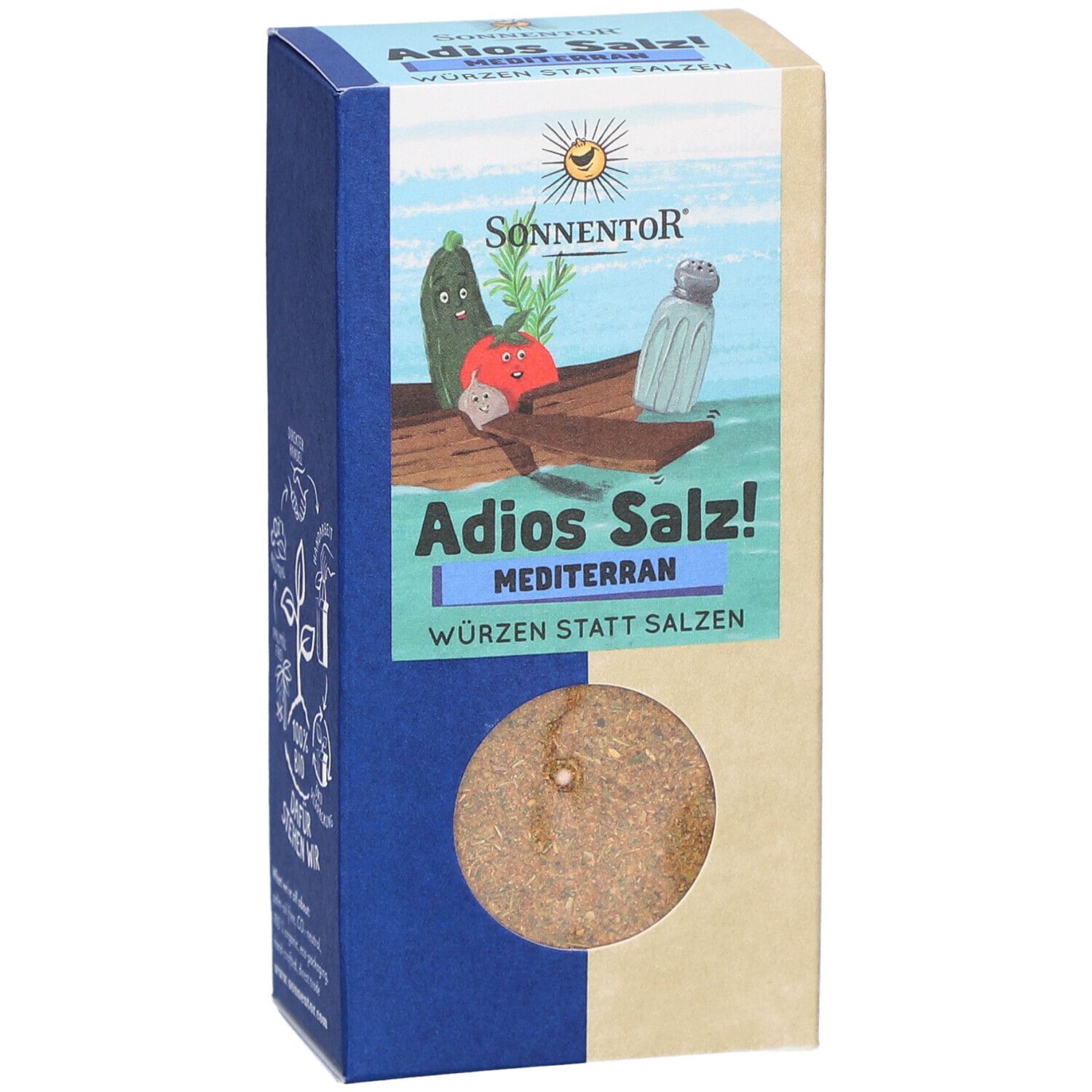 Karton SONNENTOR Adios Salz! Mediterran. Vorderseite mit Produktname und Illustration. Sichtfenster mit Gewürzmischung.