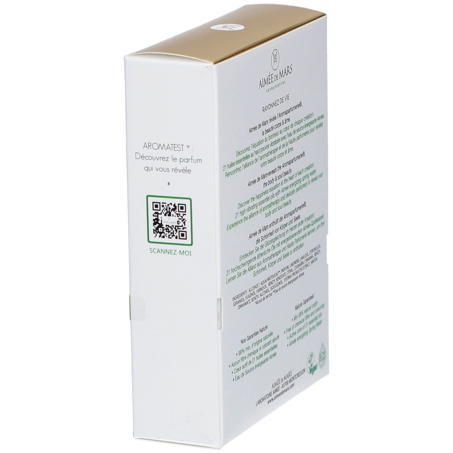 Côté de la boîte blanche. Texte et code QR. Logo: Aimée de Mars.