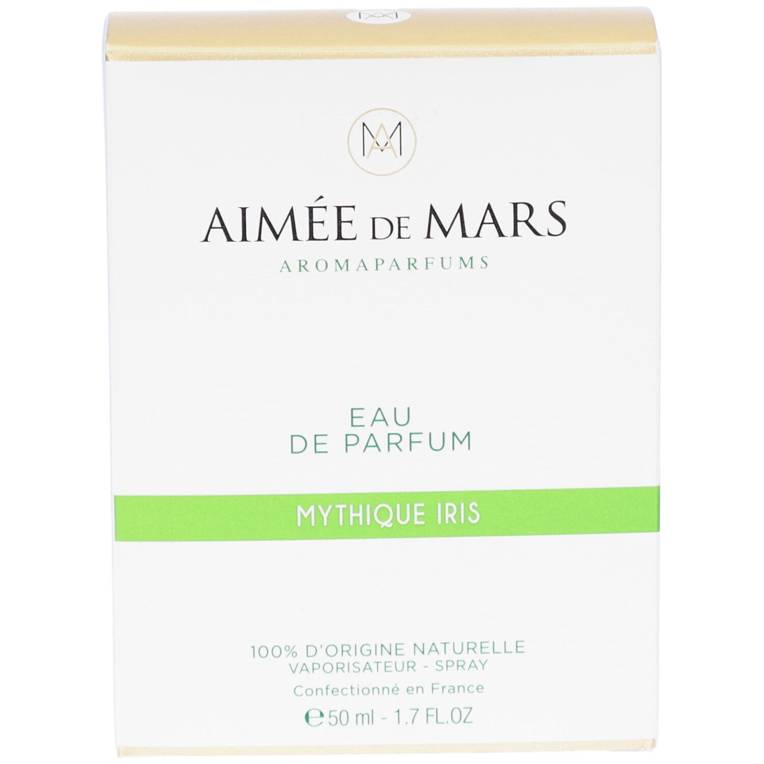 Boîte blanche et dorée. Inscription: Aimée de Mars, Eau de Parfum Mythique Iris. Ligne verte.