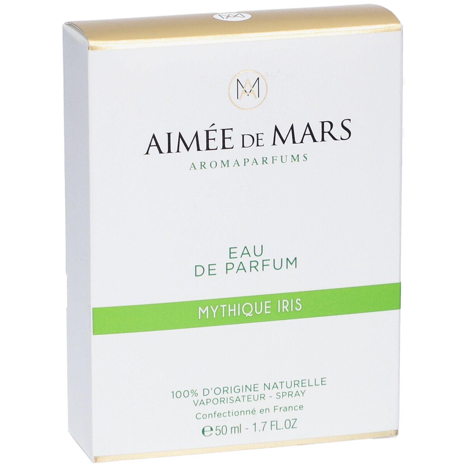 Boîte blanche et dorée. Inscription: Aimée de Mars, Eau de Parfum Mythique Iris. Ligne verte.