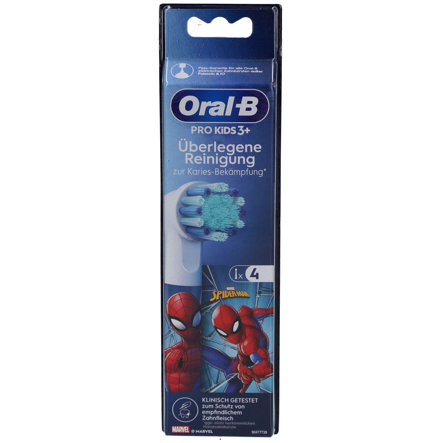 Recharges de brosse à dents pour enfants. Emballage Oral-B avec Spiderman et 4 recharges. Soies bleues.