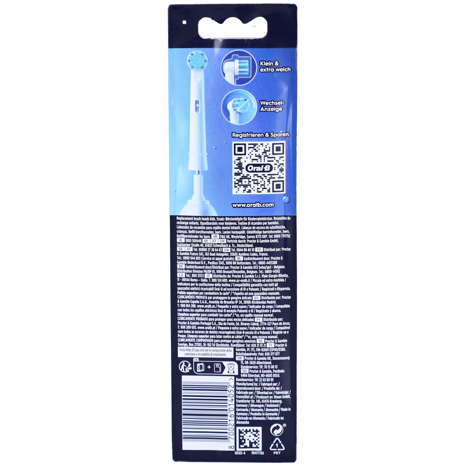 Dos de l'emballage des recharges de brosse à dents. Logo Oral-B, code QR et informations produit. Soies bleues.