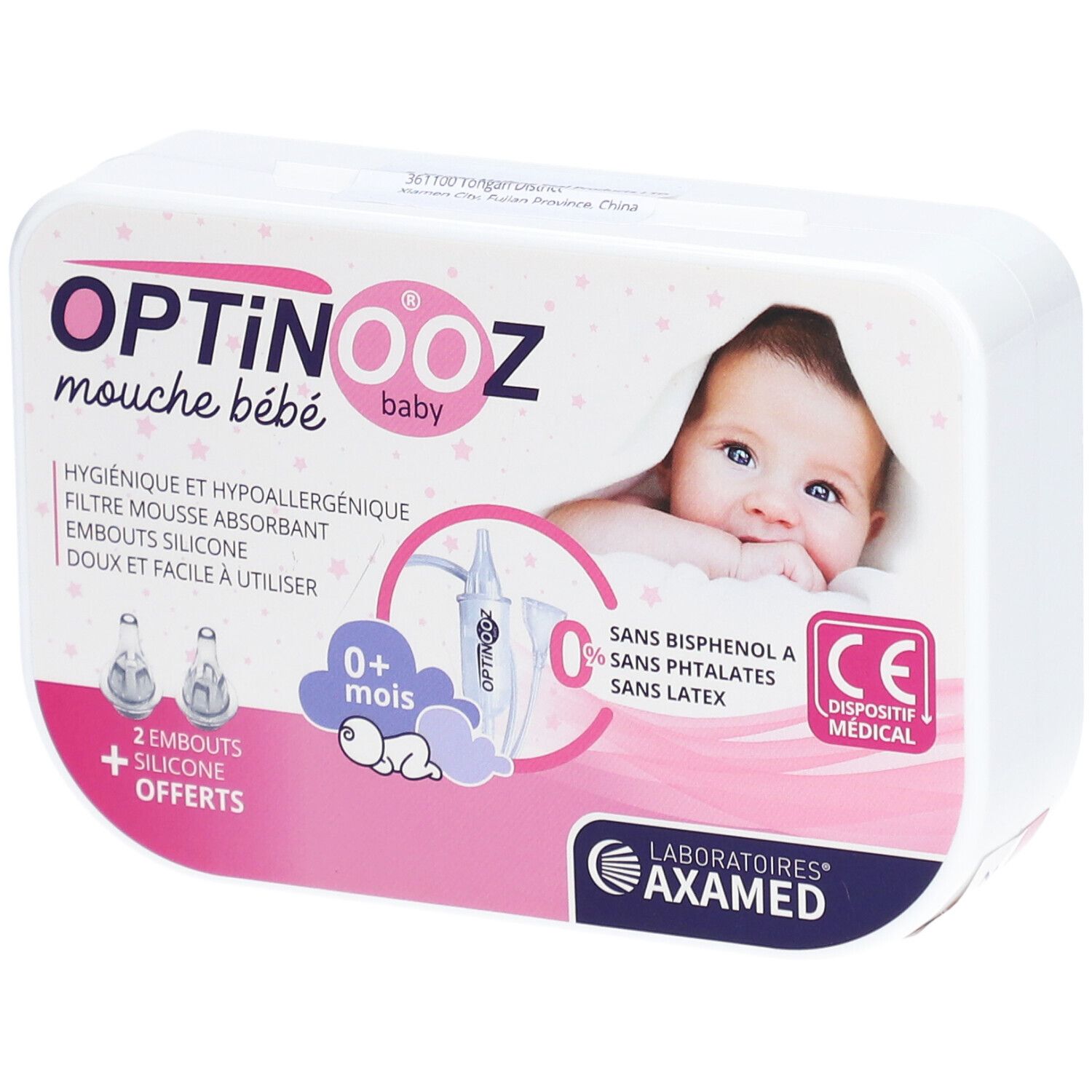 Verpackung mit Produktabbildung und Produktnamen Optinooz. Enthält 2 Silikonspitzen. CE-Kennzeichnung.