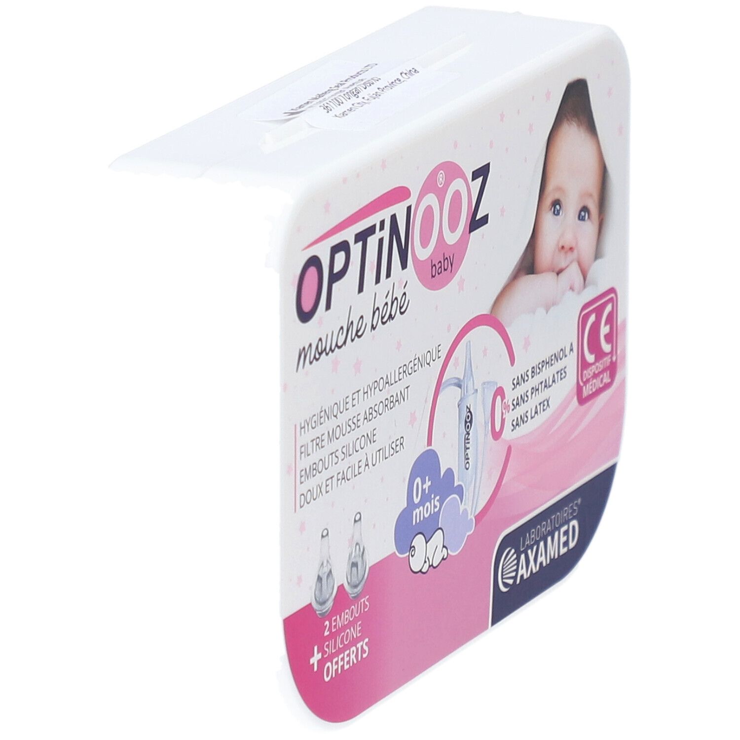 Verpackung Optinooz, Baby-Nasenreiniger. Produktname und Logo. Enthält 2 Silikonspitzen. CE-Kennzeichnung.