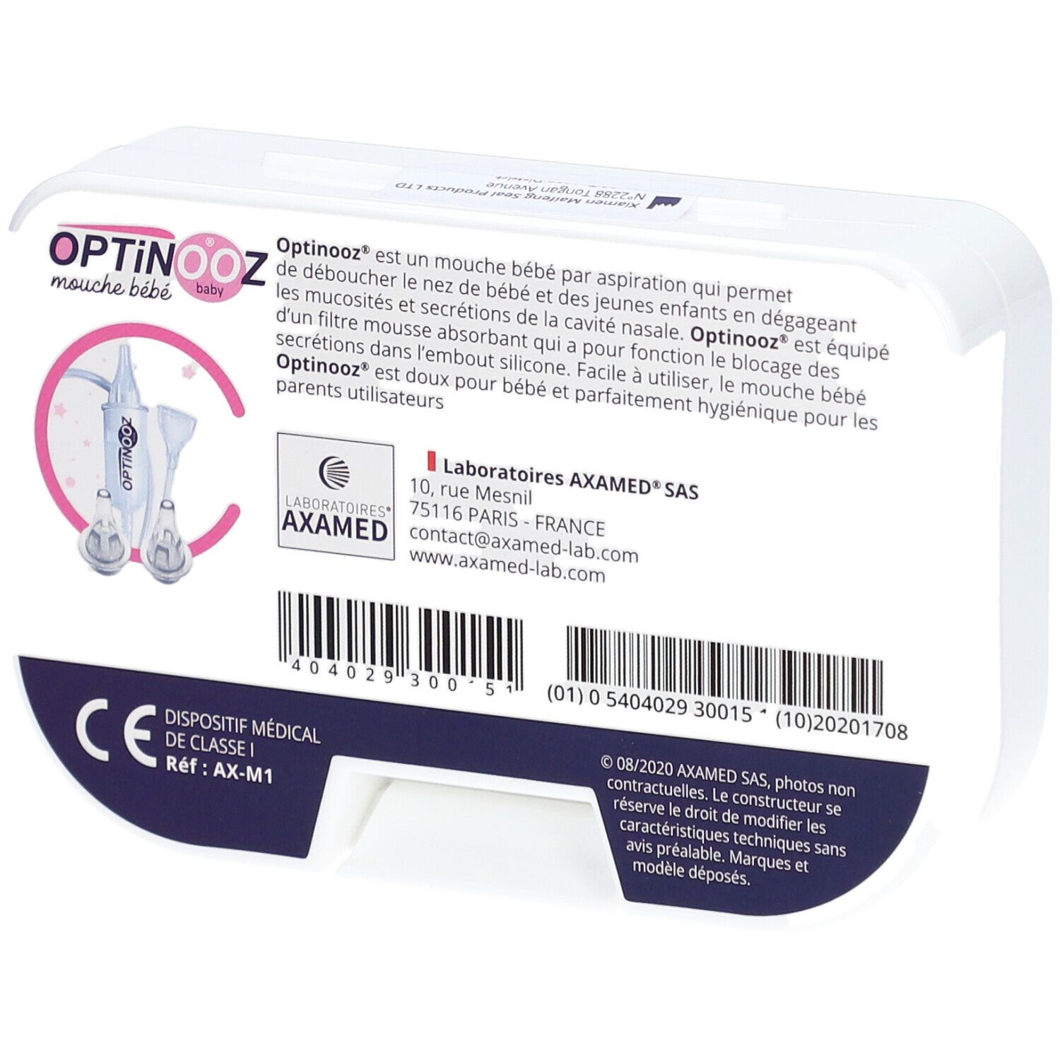 Rückseite der Optinooz-Verpackung. Produktbeschreibung, Herstellerinformationen, CE-Kennzeichnung, Barcode.