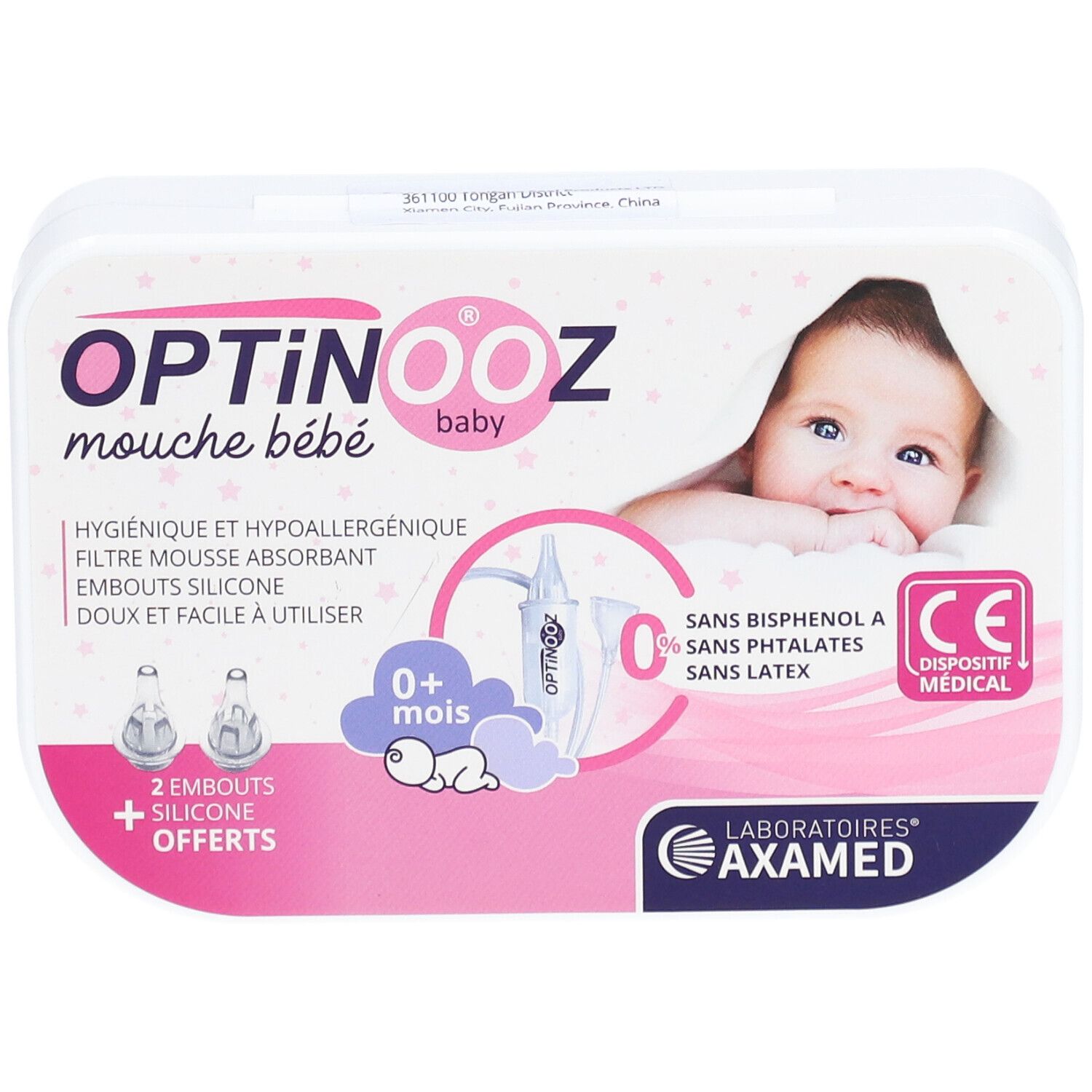 Verpackung Optinooz, Baby-Nasenreiniger. Produktname und Logo. Enthält 2 Silikonspitzen. CE-Kennzeichnung.