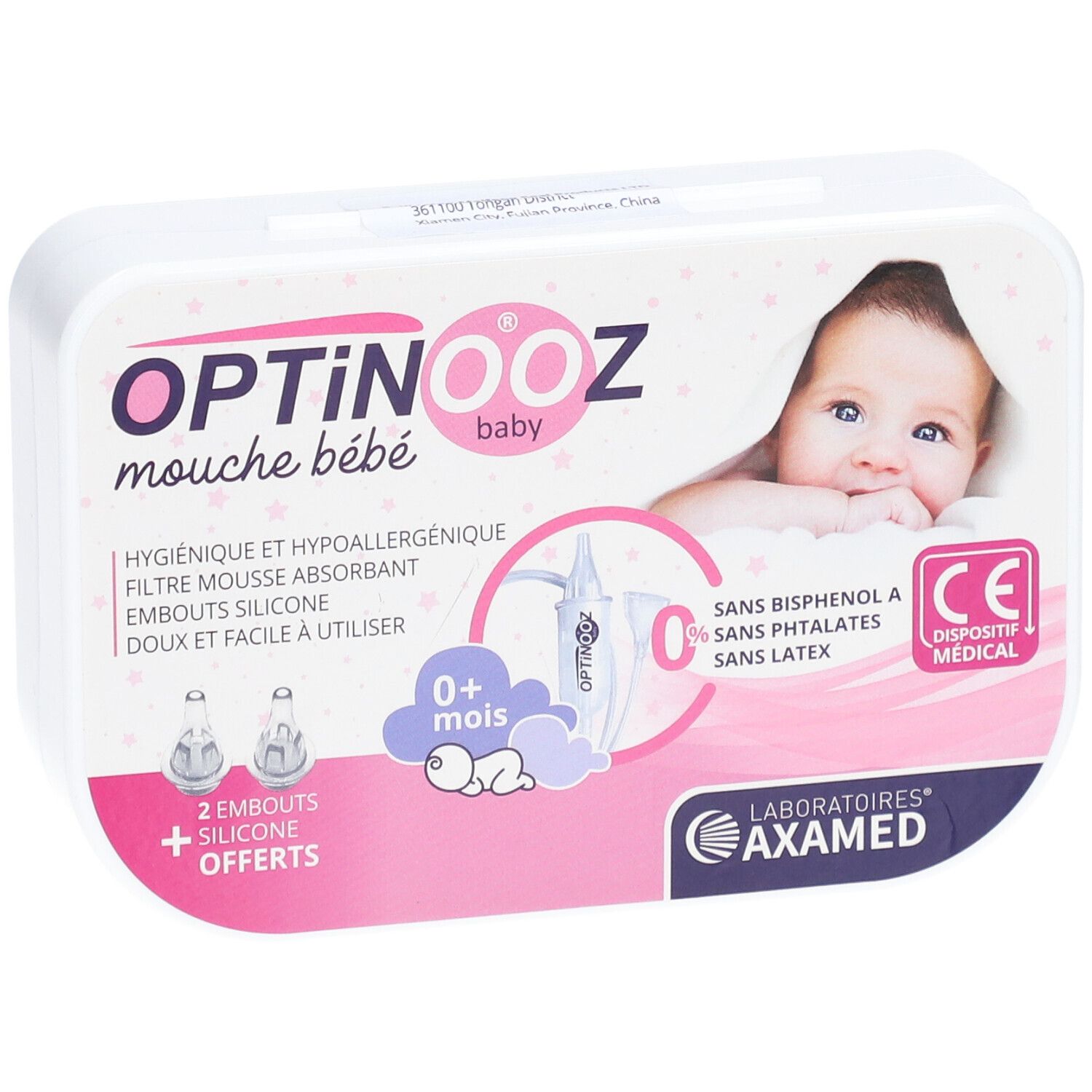 Verpackung Optinooz, Baby-Nasenreiniger. Produktname und Logo. Enthält 2 Silikonspitzen. CE-Kennzeichnung.