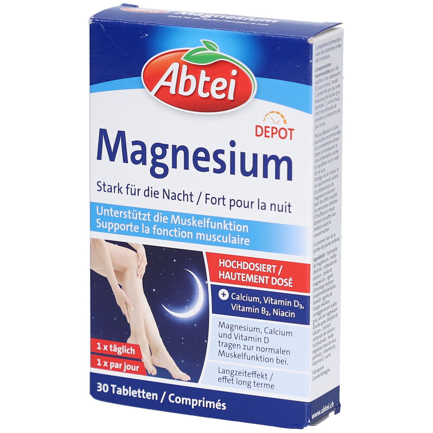 Abtei Magnesium Depot Packung. Enthält 30 Tabletten. Aufschrift: Magnesium Stark für die Nacht. Mit Calcium, Vitamin D3, B2, Niacin.