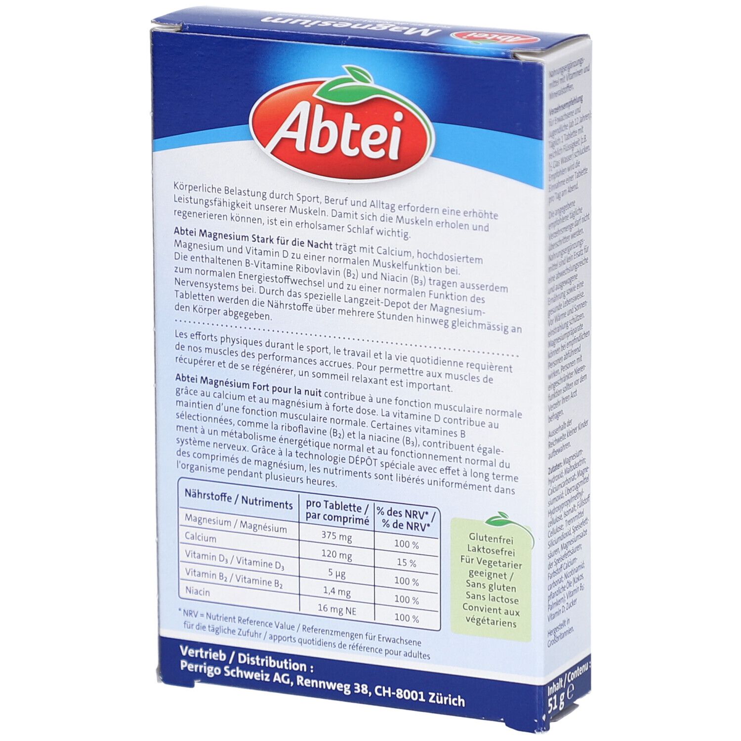 Rückseite der Abtei Magnesium Depot Packung. Enthält Informationen zu Inhaltsstoffen und Nährwerten. Glutenfrei und für Veganer geeignet.