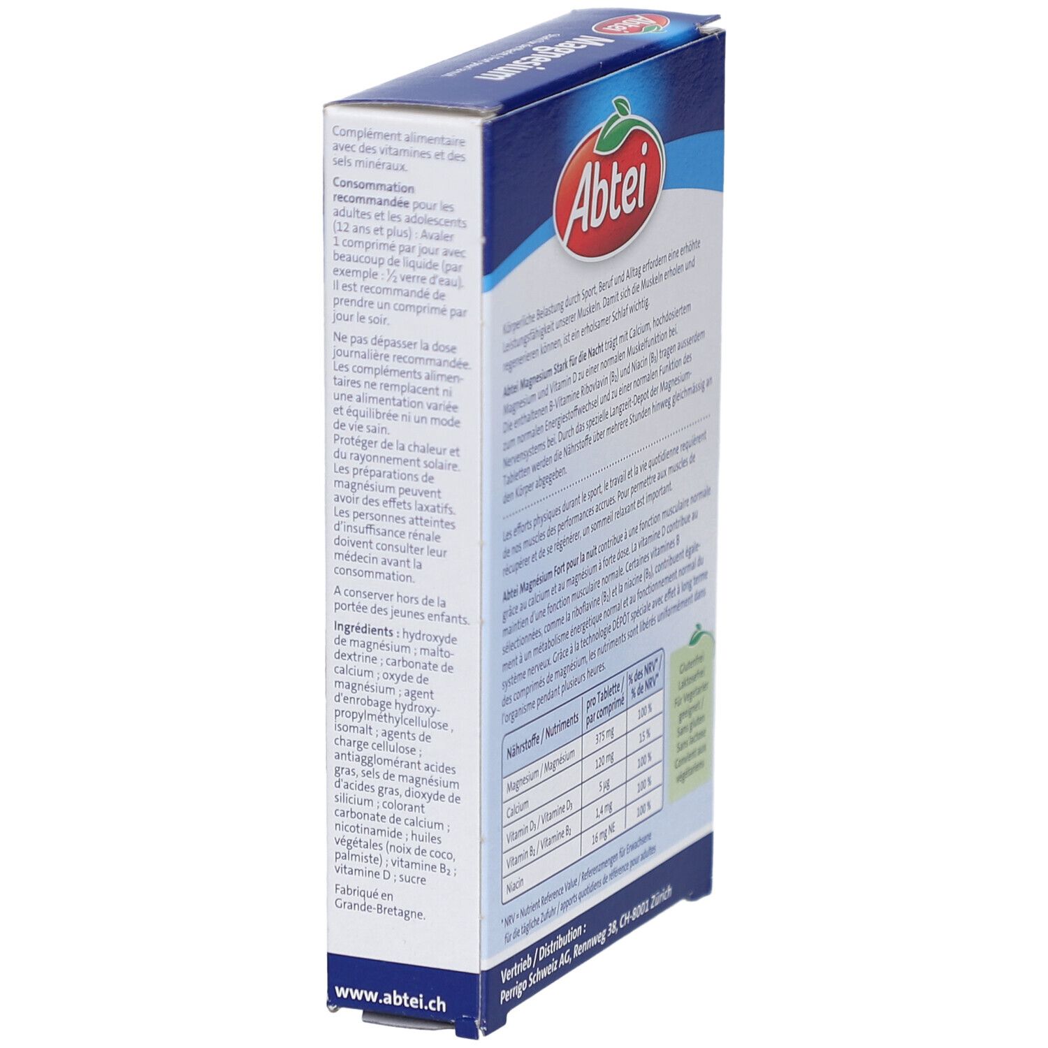 Seitenansicht der Abtei Magnesium Depot Packung. Enthält Informationen zur Anwendung und Inhaltsstoffen. Mit Logo von Abtei.