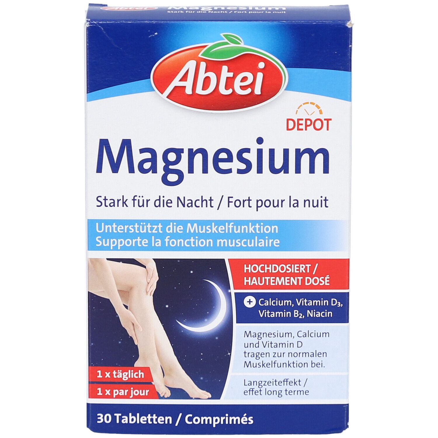 Abtei Magnesium Depot Packung. Enthält 30 Tabletten. Aufschrift: Magnesium Stark für die Nacht. Mit Calcium, Vitamin D3, B2, Niacin.