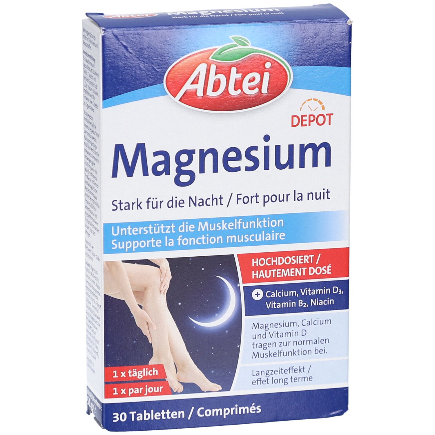 Abtei Magnesium Depot Packung. Enthält 30 Tabletten. Aufschrift: Magnesium Stark für die Nacht. Mit Calcium, Vitamin D3, B2, Niacin.