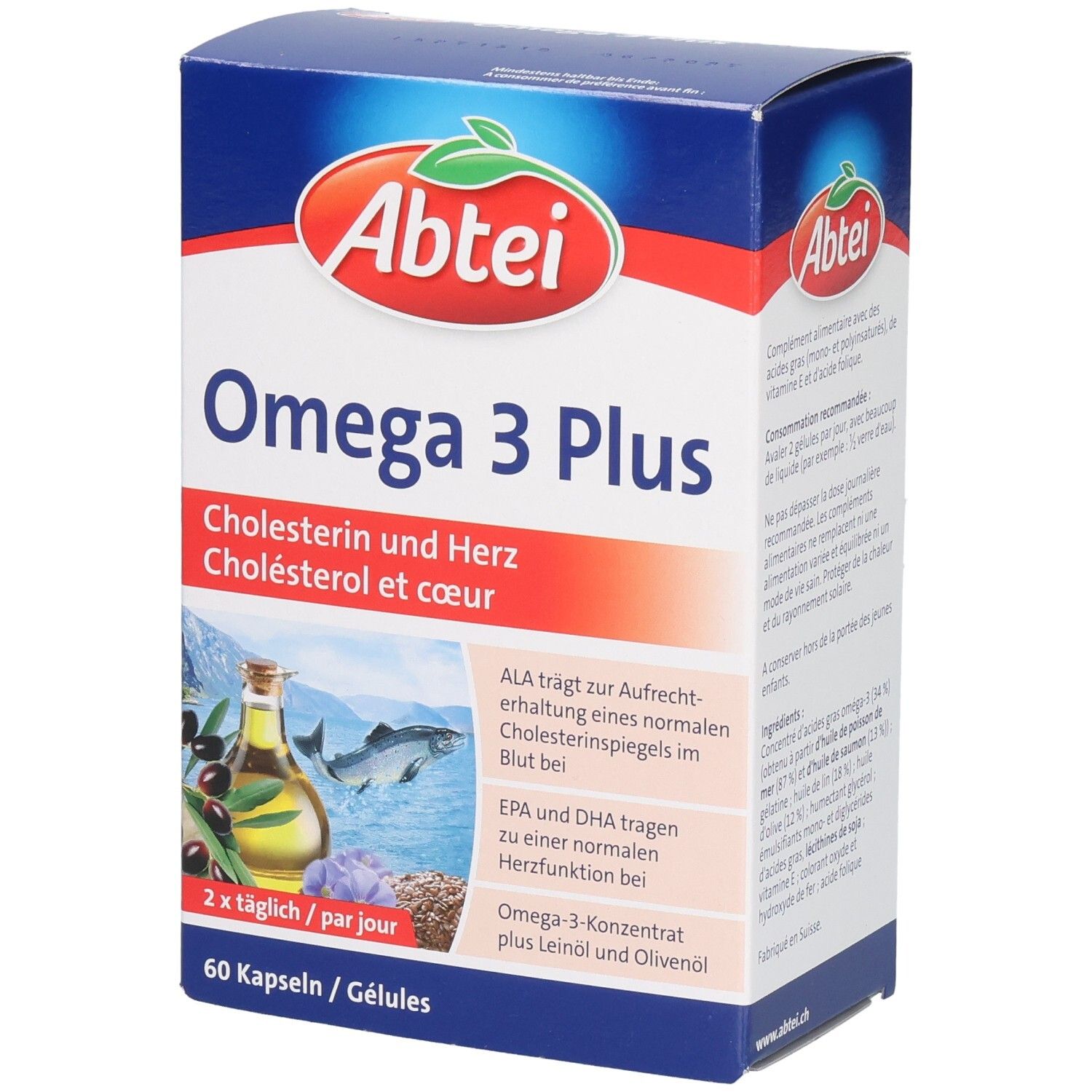 Abtei Omega 3 Plus Kapseln: Kartonverpackung mit Produktinformationen und Abbildung von Olivenöl und Fisch.