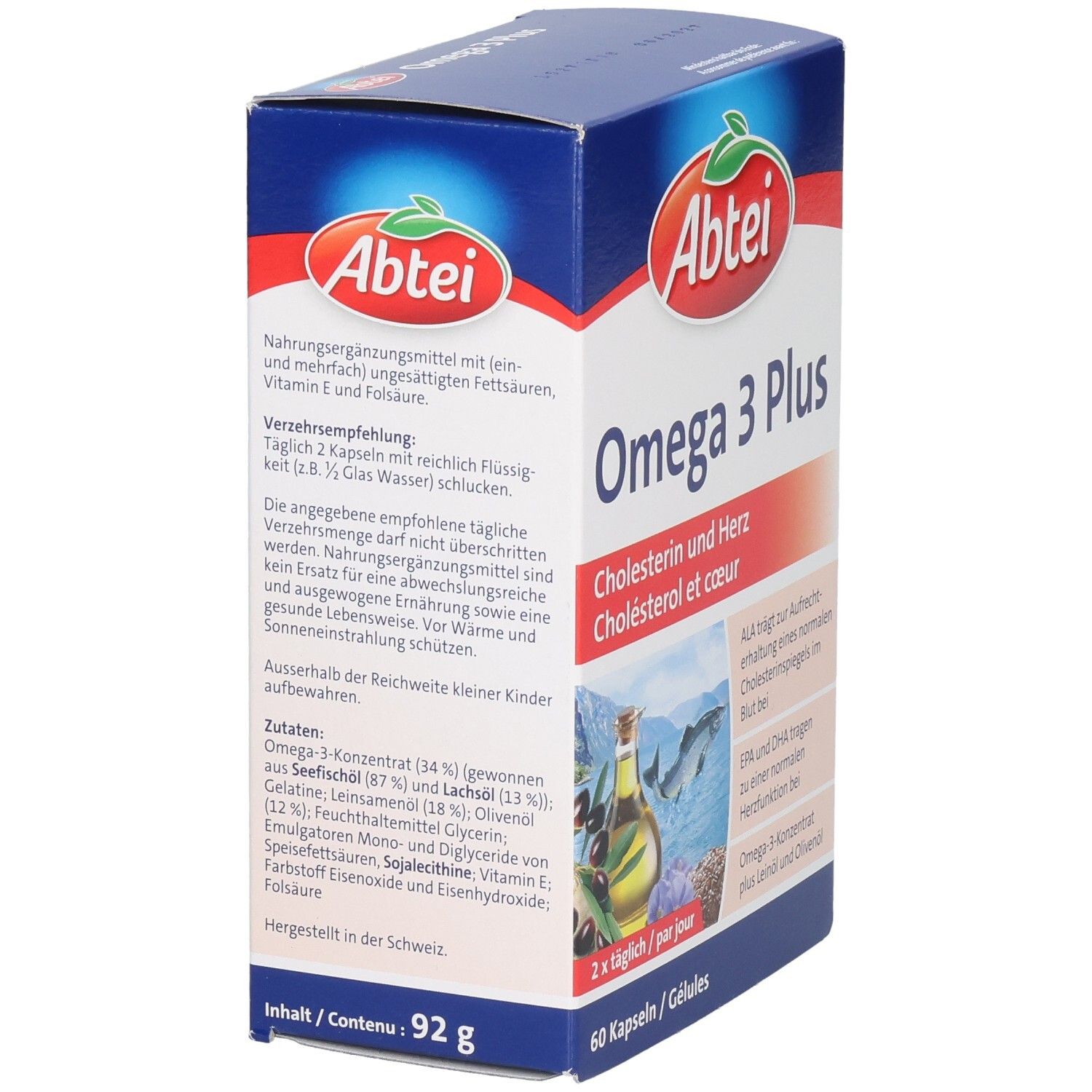 Abtei Omega 3 Plus Kapseln: Seitenansicht der Kartonverpackung mit detaillierten Anwendungshinweisen und Inhaltsstoffen.
