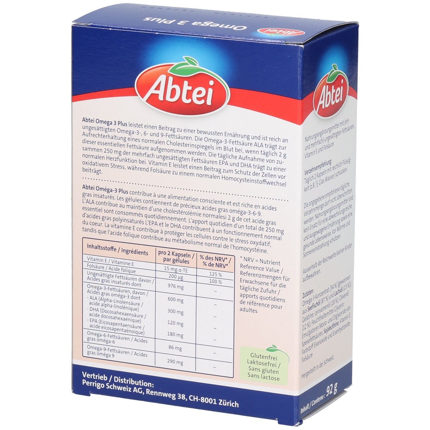 Abtei Omega 3 Plus Kapseln: Rückseite der Kartonverpackung mit Nährwertangaben und Hinweisen zur Zusammensetzung.