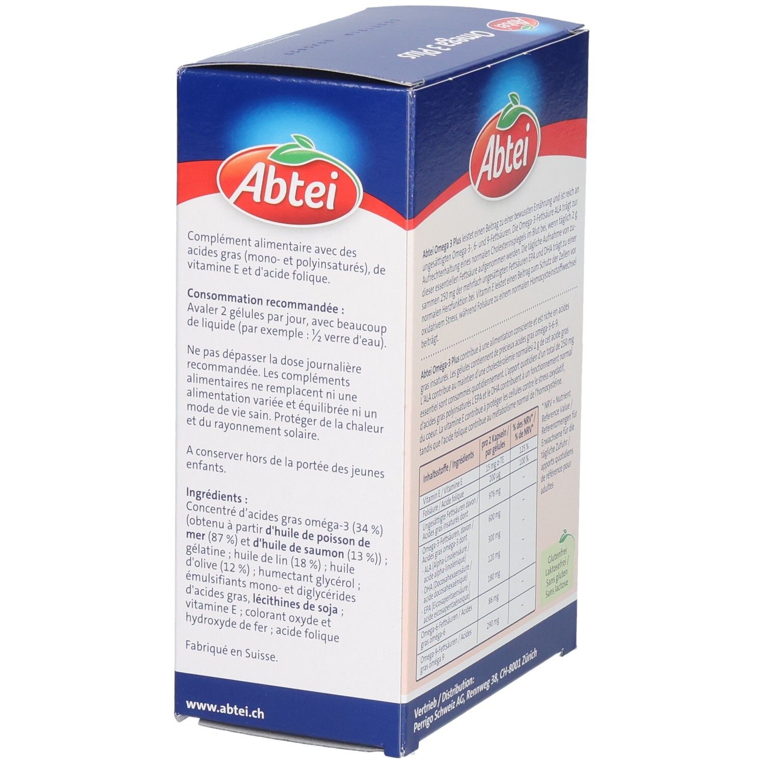 Abtei Omega 3 Plus Kapseln: Seitenansicht der Kartonverpackung mit Hinweisen zur Anwendung und Inhaltsstoffen auf Französisch.