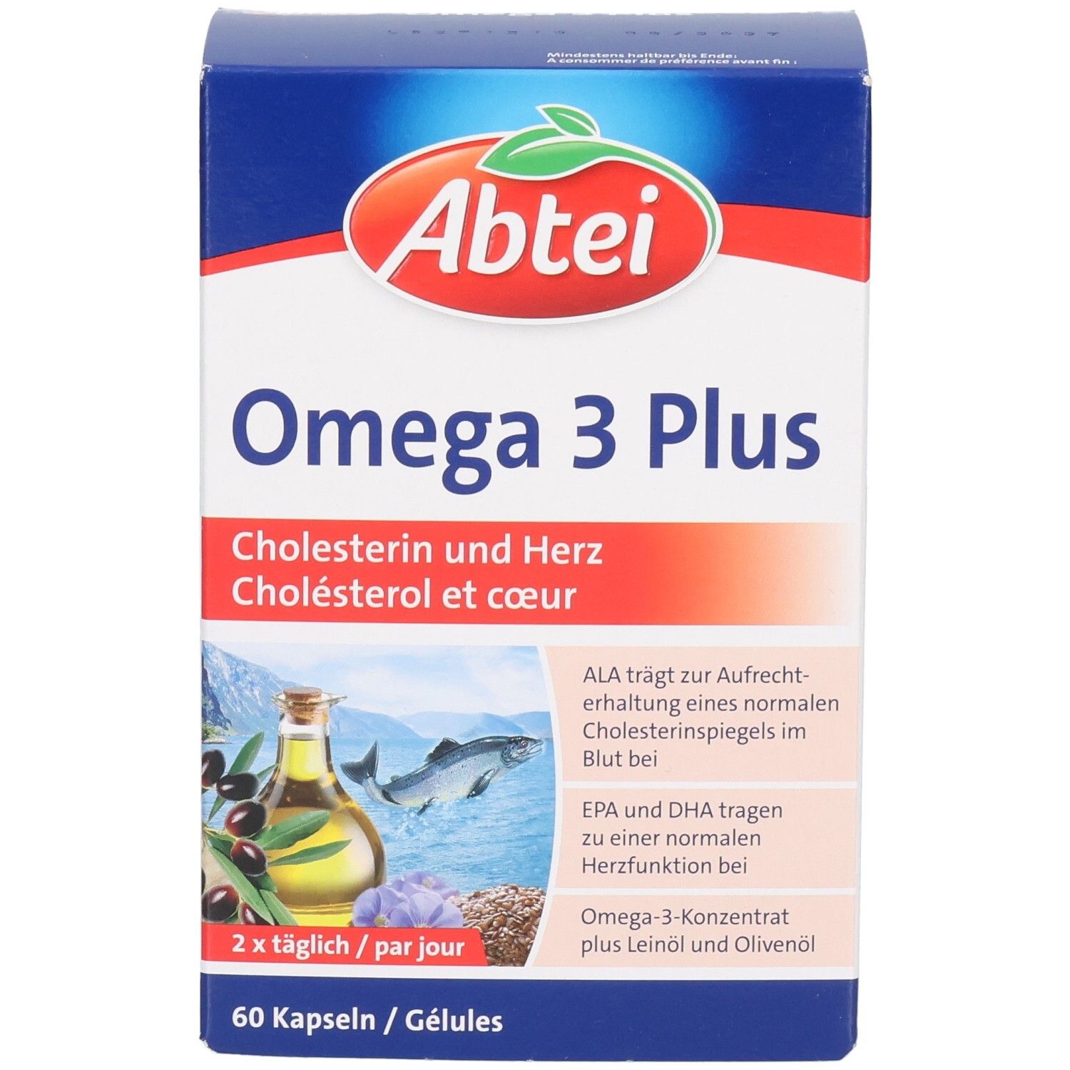 Abtei Omega 3 Plus Kapseln: Vorderseite der Kartonverpackung mit Produktnamen, Gesundheitsaussagen und Abbildung.