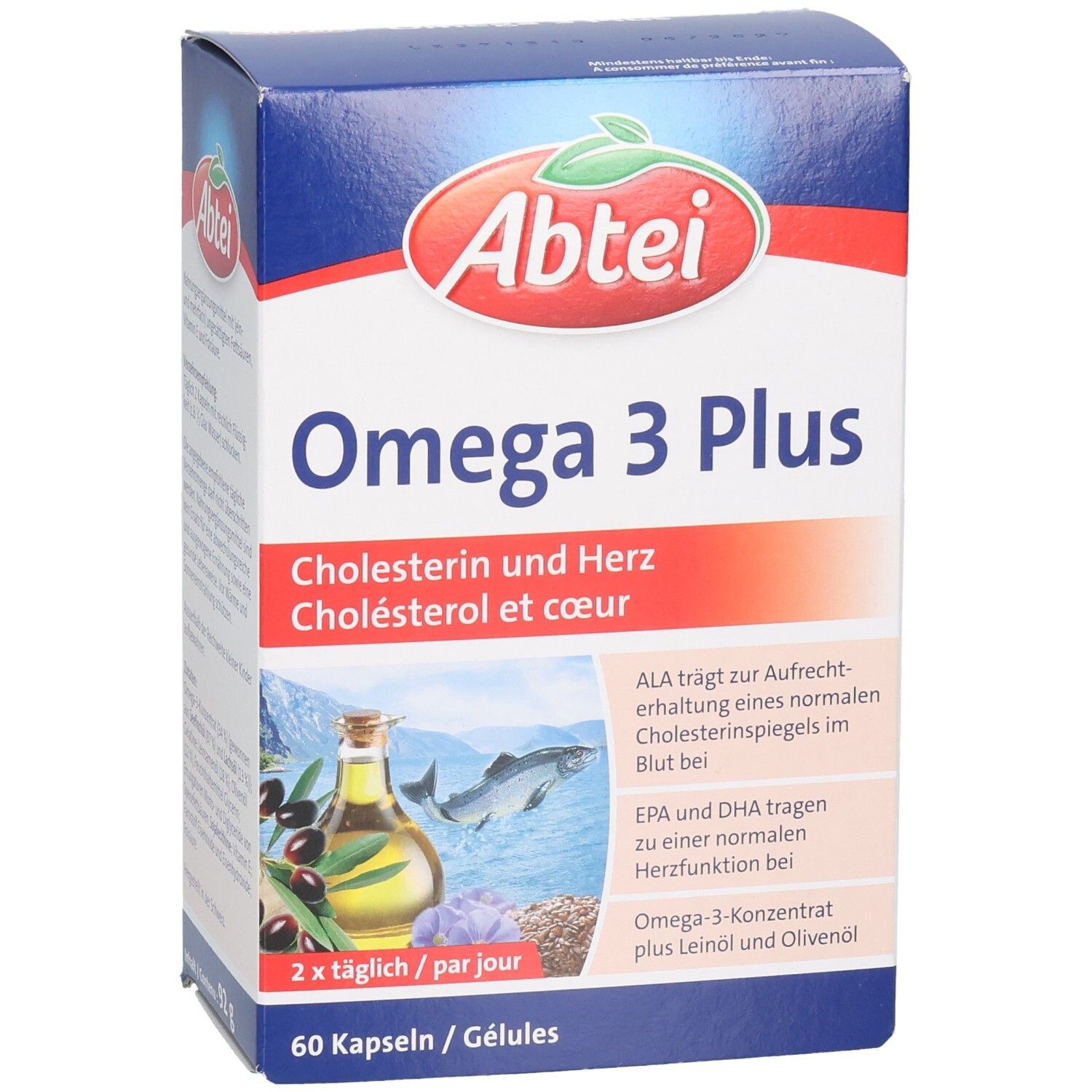 Abtei Omega 3 Plus Kapseln: Vorderseite der Kartonverpackung mit Produktnamen, Gesundheitsaussagen und Abbildung.