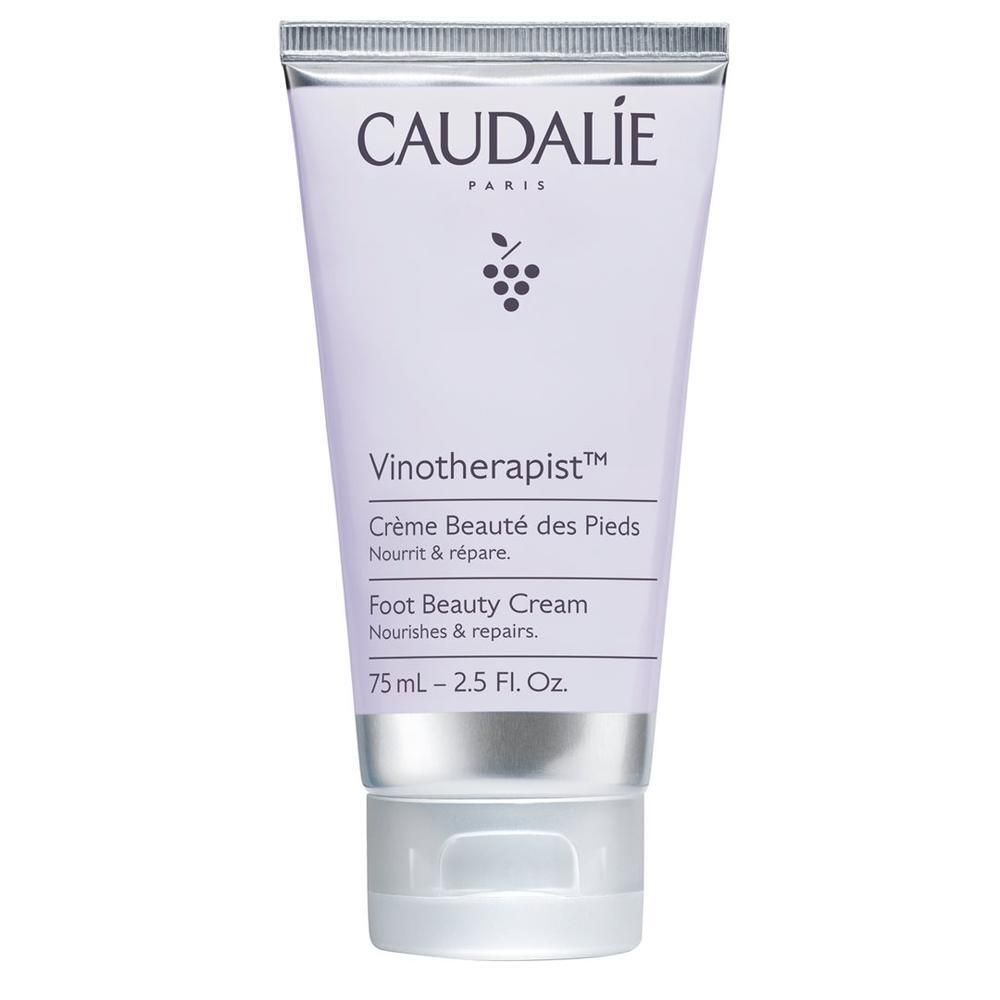 Creme-Tube mit Produktnamen und Logo. Text: Vinotherapist, Crème Beauté des Pieds, Foot Beauty Cream. Volumen: 75 ml.