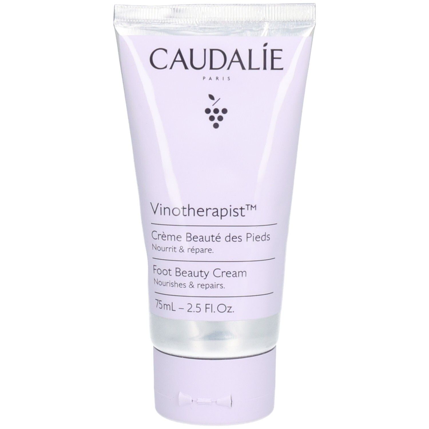 Caudalie Vinotherapist Fußcreme Tube. Weiß-lila Farbverlauf, silberner Deckel. Schriftzug und Traubensymbol. Text: Crème Beauté des Pieds, Foot Beauty Cream.