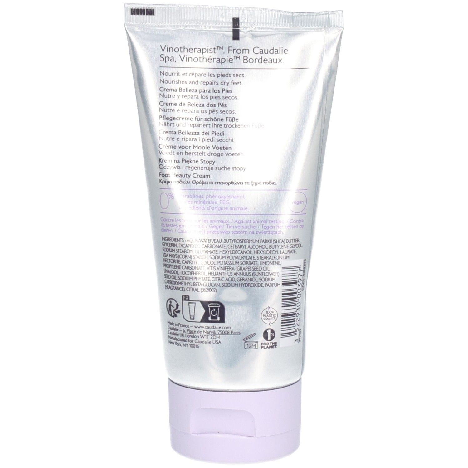 Rückseite der Caudalie Vinotherapist Fußcreme Tube. Silberfarben, Text in mehreren Sprachen. Inhaltsstoffe und Symbole.