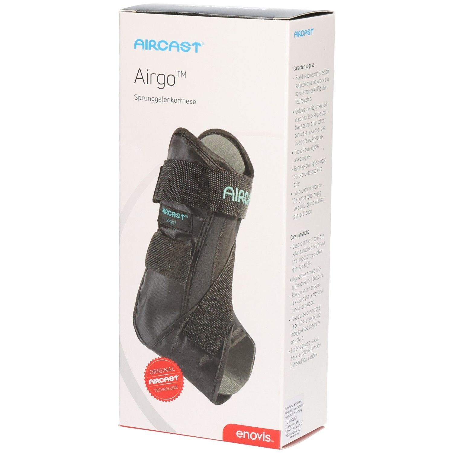 AIRCAS Airgo Sprunggelenkorthese in Verpackung. Schwarz, mit Klettverschlüssen. Roter Aufkleber: ORIGINAL AIRCAS.