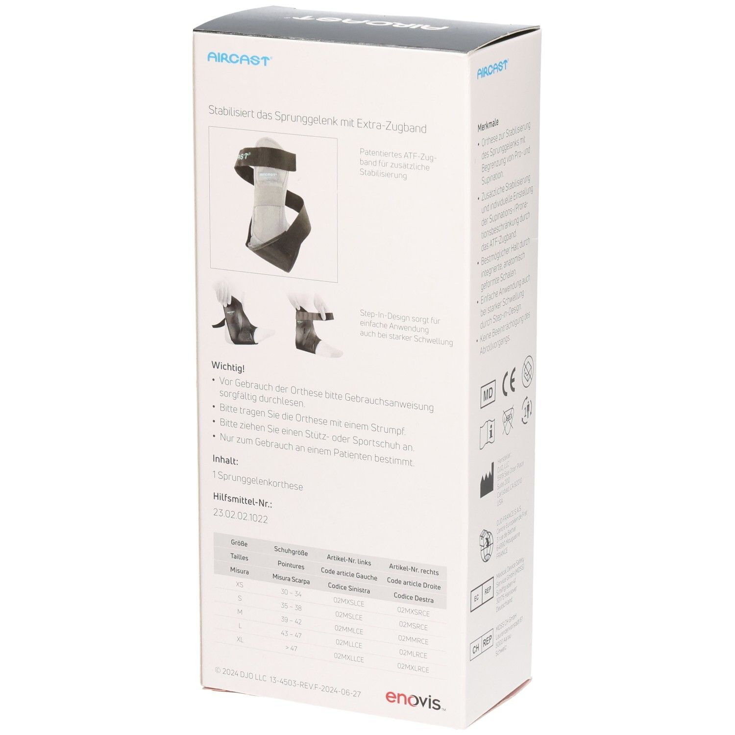 Rückseite der Verpackung der Airgo Sprunggelenkorthese. Text und Illustrationen. Enthält eine Größentabelle.