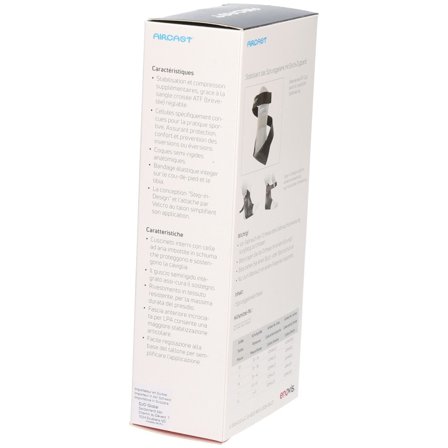 Verpackung der Airgo Sprunggelenkorthese. Text in Französisch. Illustrationen und Größentabelle.
