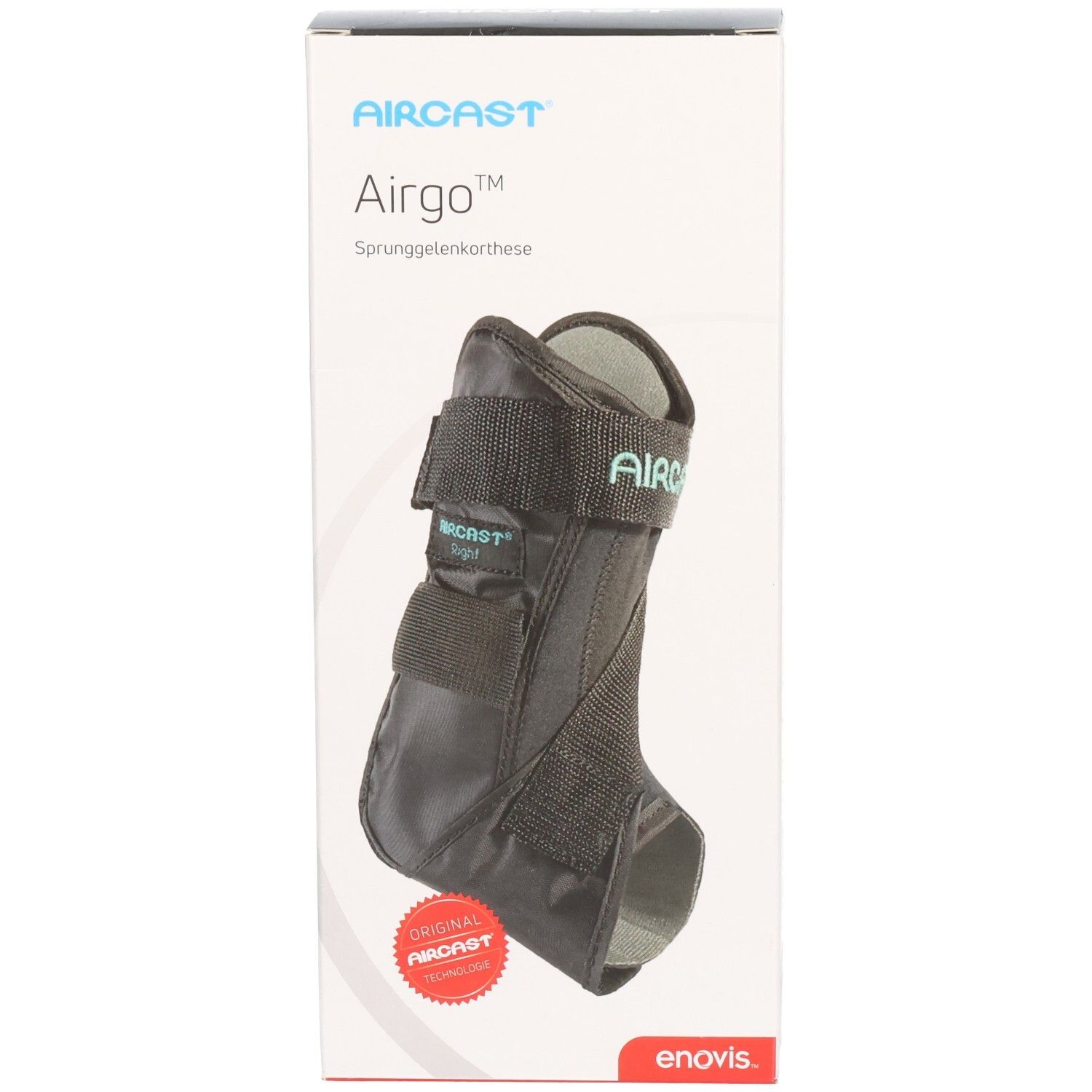 AIRCAS Airgo Sprunggelenkorthese in Verpackung. Schwarz, mit Klettverschlüssen. Roter Aufkleber: ORIGINAL AIRCAS.
