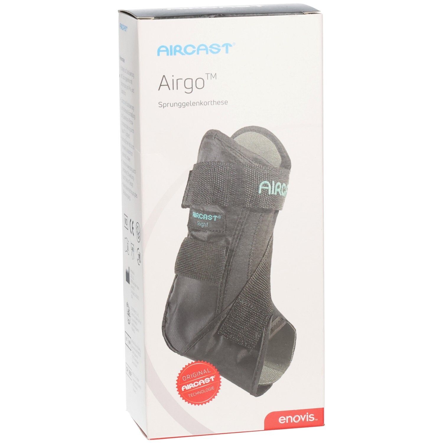 AIRCAS Airgo Sprunggelenkorthese in Verpackung. Schwarz, mit Klettverschlüssen. Roter Aufkleber: ORIGINAL AIRCAS.