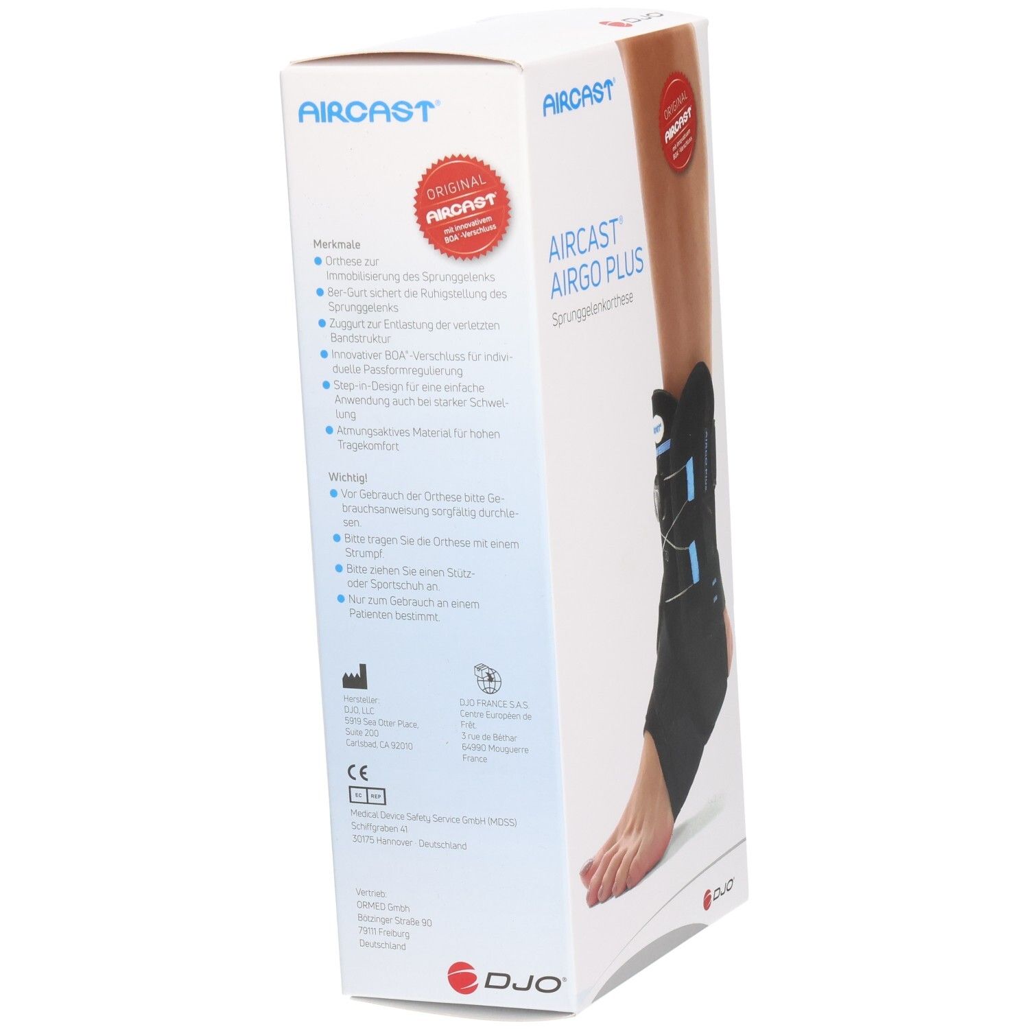 Verpackung der AIRCAST AirGo Plus L. Seitenansicht mit Produktinformationen und Logo. Das Produkt ist teilweise abgebildet.