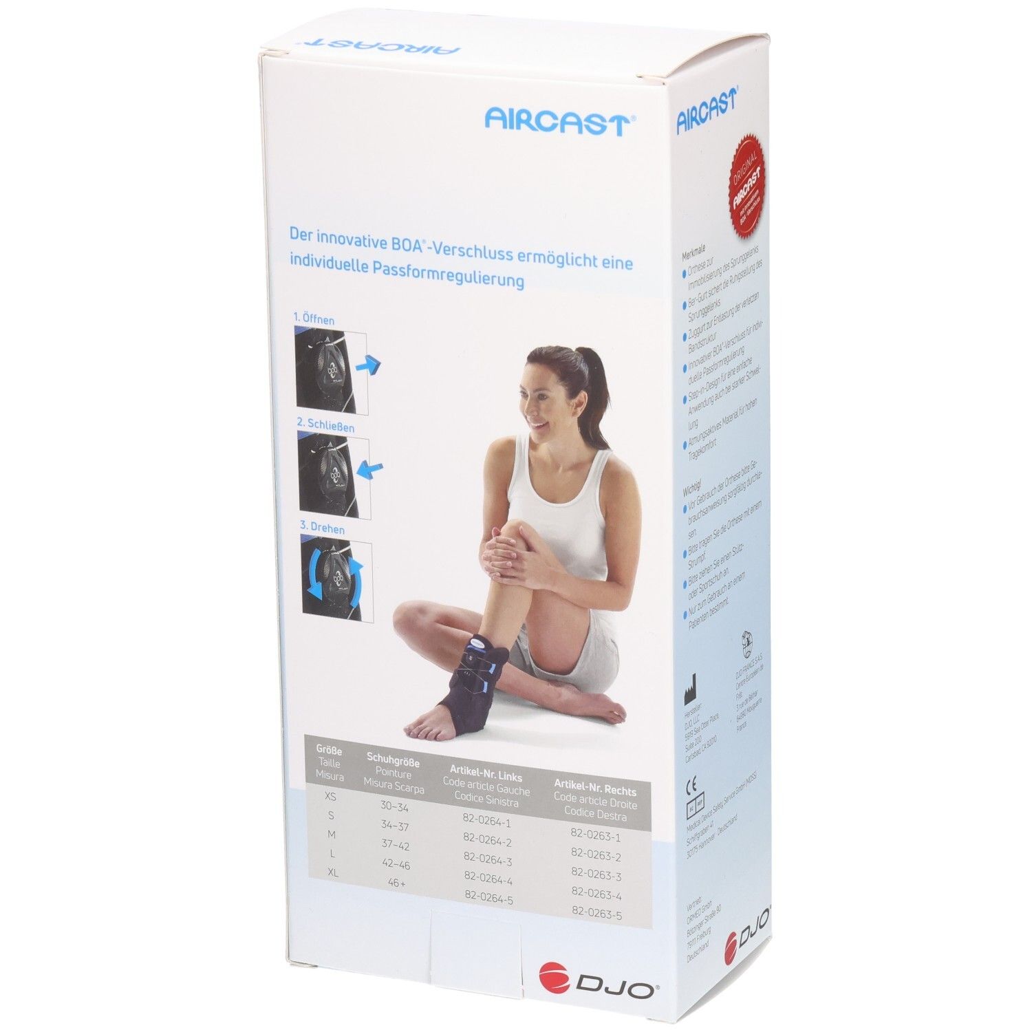 Verpackung der AIRCAST AirGo Plus L. Auf der Rückseite sind Informationen und eine Frau mit Orthese abgebildet. Größenangaben sind ebenfalls zu sehen.