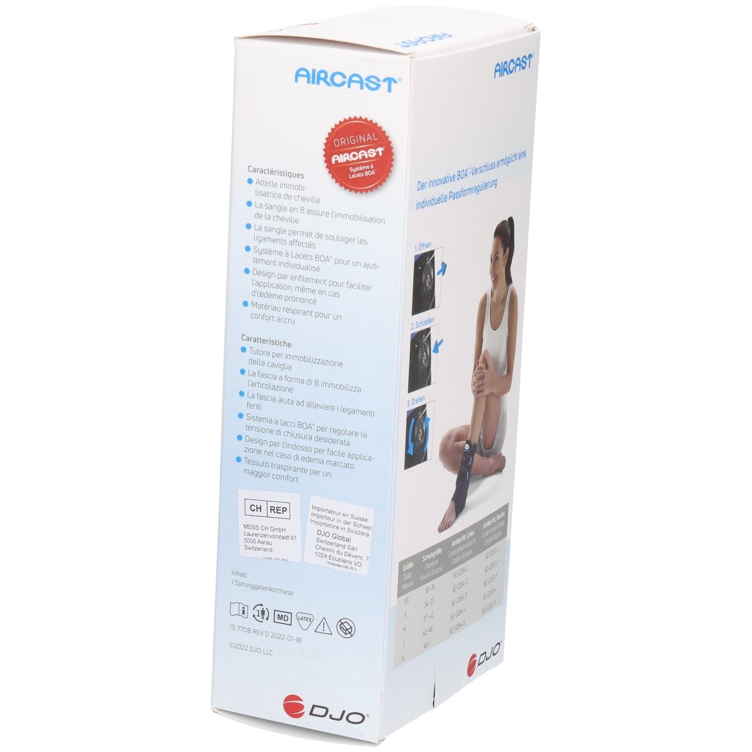 Verpackung der AIRCAST AirGo Plus L. Seitenansicht mit Produktinformationen und einer Frau mit Orthese. Größenangaben sind zu sehen.
