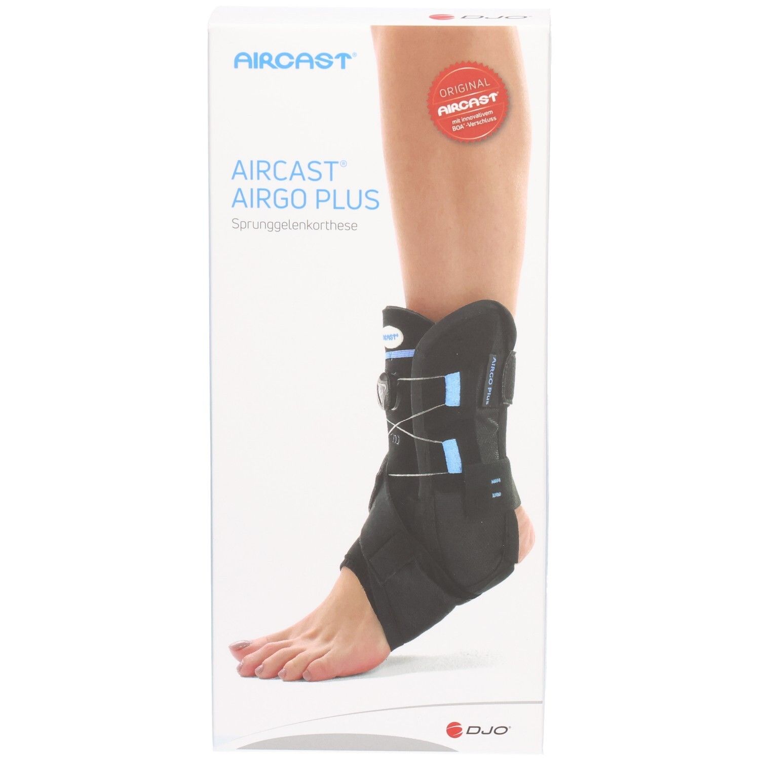 Verpackung der AIRCAST AirGo Plus L. Abgebildet ist eine Knöchelorthese am Bein. Auf der Verpackung sind Produktname und Logo zu sehen.