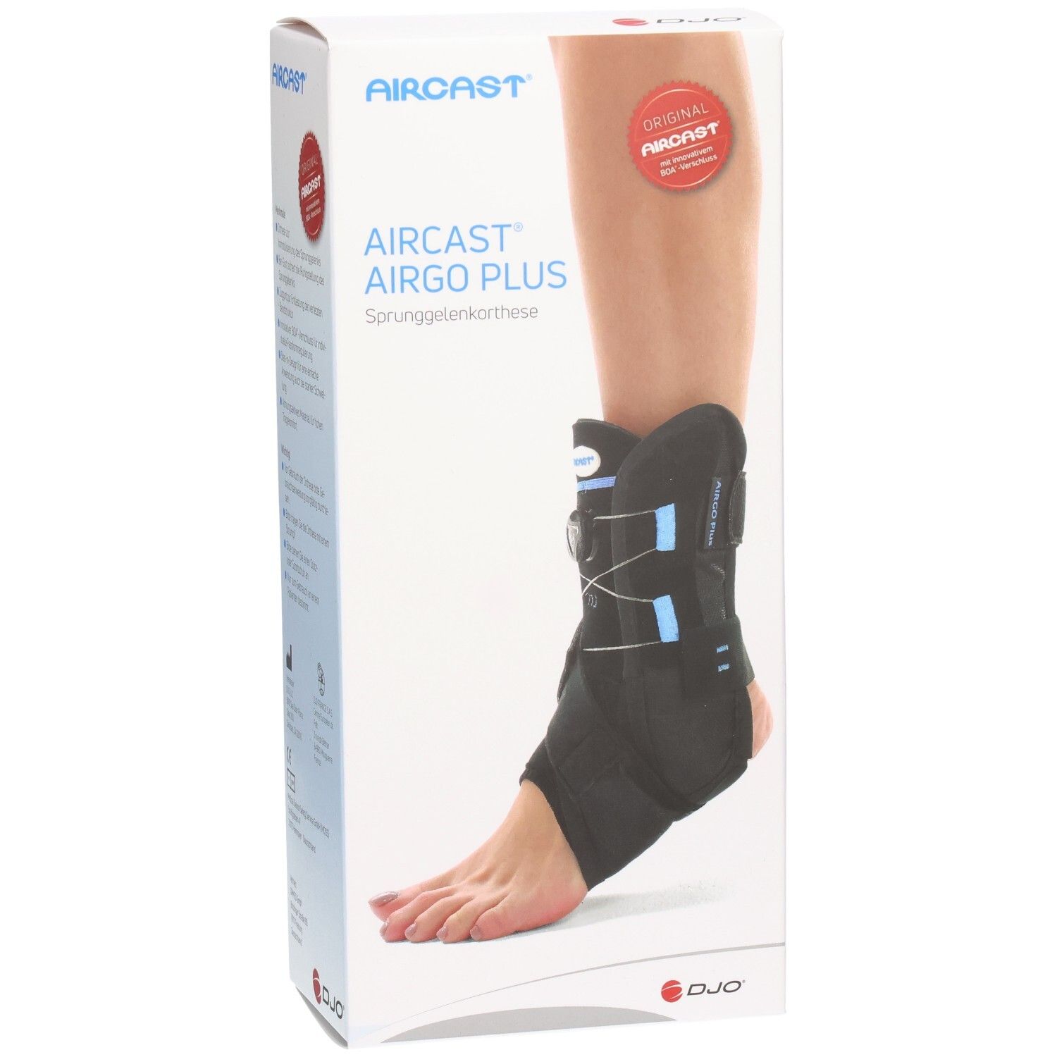 Verpackung der AIRCAST AirGo Plus L. Abgebildet ist eine Knöchelorthese am Bein. Auf der Verpackung sind Produktname und Logo zu sehen.