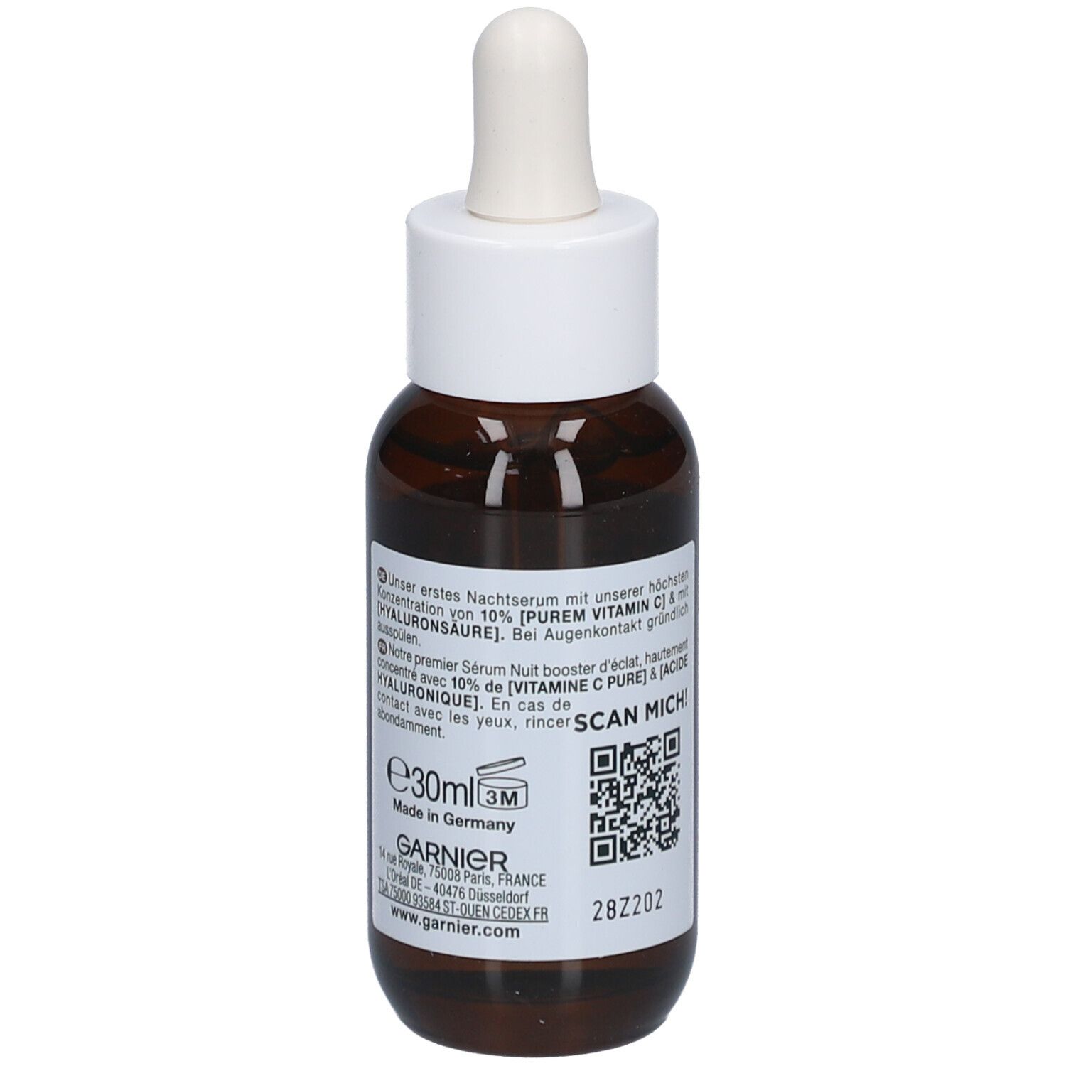 Flacon en verre brun avec bouchon blanc et pipette. Étiquette avec texte, code QR et indication de volume. Nom du produit non visible.