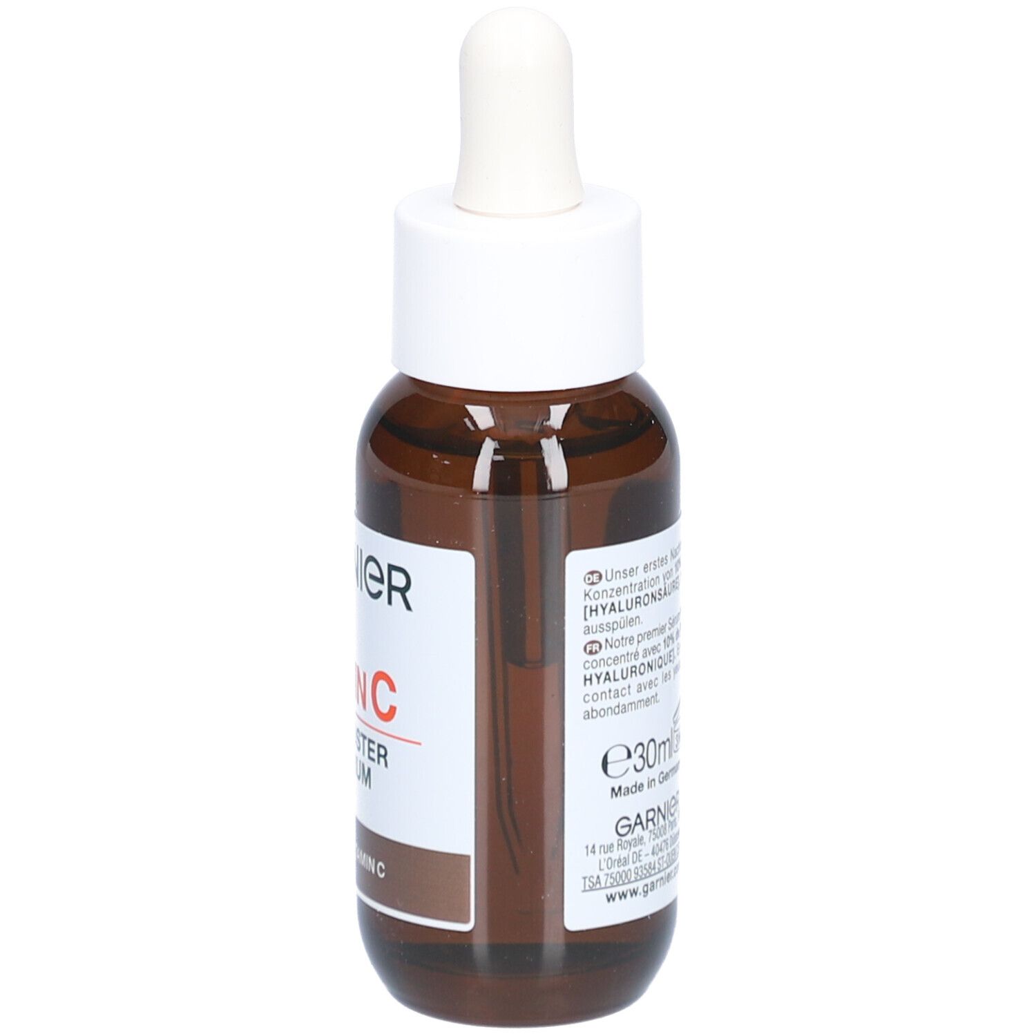 Flacon en verre brun avec bouchon blanc et pipette. Étiquette avec texte et indication de volume. Nom du produit non visible.