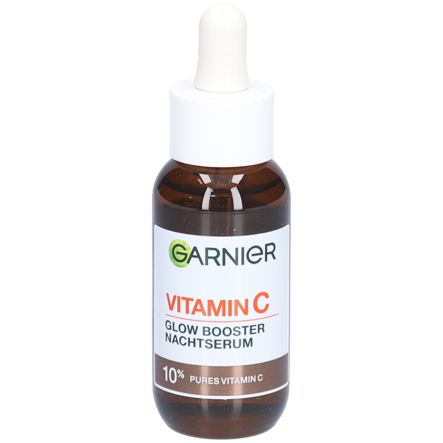 Flacon en verre brun avec bouchon blanc et pipette. Étiquette avec nom du produit et indication de contenu. Marque Garnier visible.
